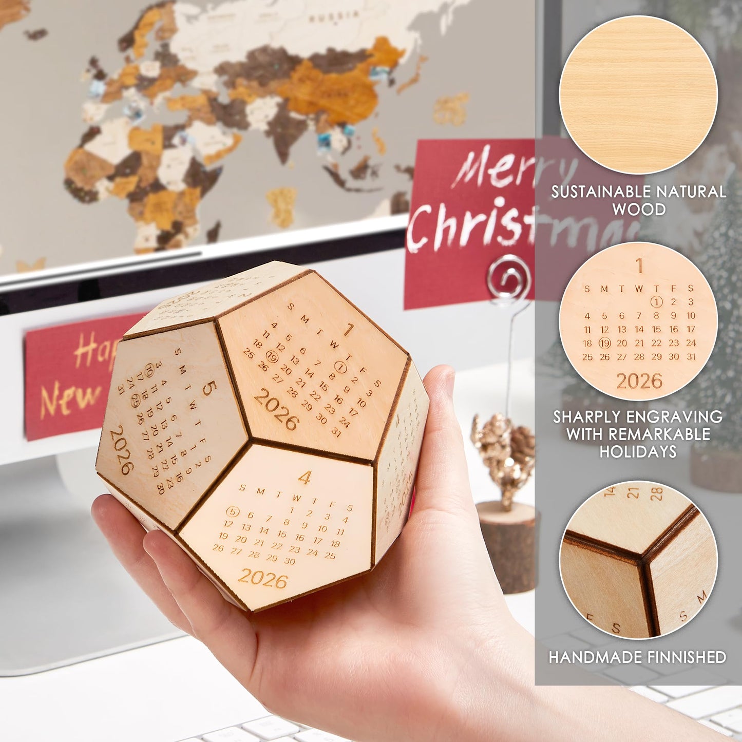 2026 Wooden Desk Calendar Cube – Dodecahedron Office Decor, Unique New Year Gift for Men Women, Gifts for Coworkers Employees Boss, Chinese New Year Gifts, Valentines Day Gifts For Him