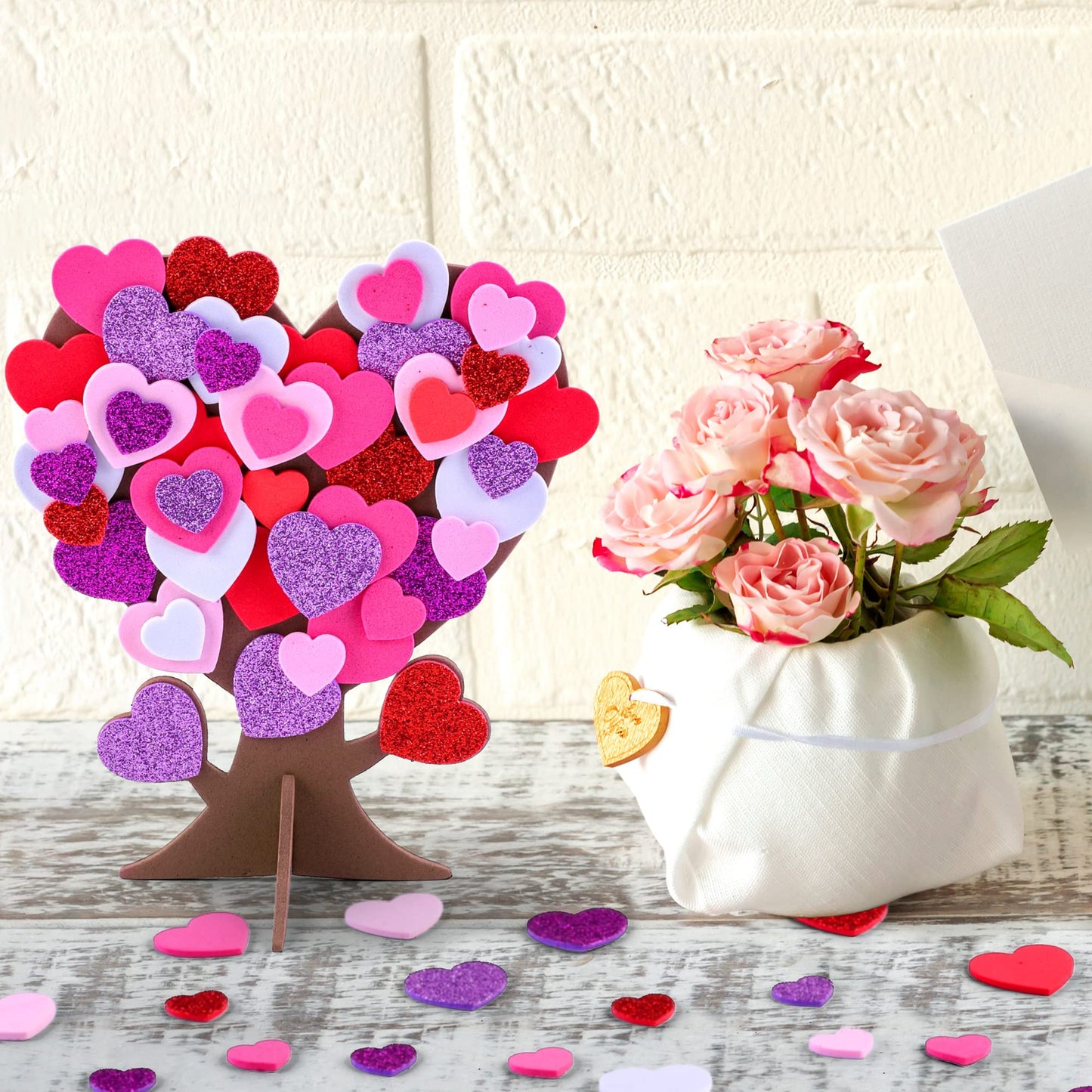 Fovths 362 Pieces Love Heart Tree Foam Stickers DIY Craft Set - 12 Trees and 350 Self-Adhesive Hearts for Valentine's Day, Wedding, Mother's Day Home Decor