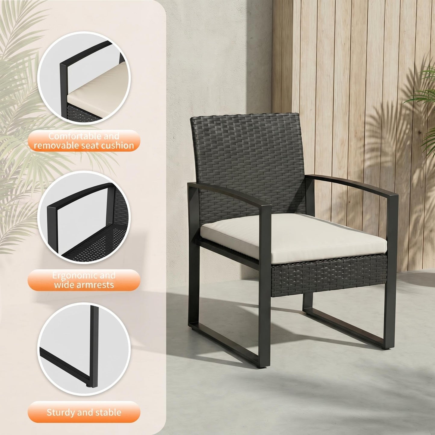 Garvee 3 Pieces Patio Bistro Set, PE Rattan Patio Conversation Set with Tempered Glass Coffee Table, Outdoor Wicker Furniture for Patio Garden Balcony Backyard, Black and Beige