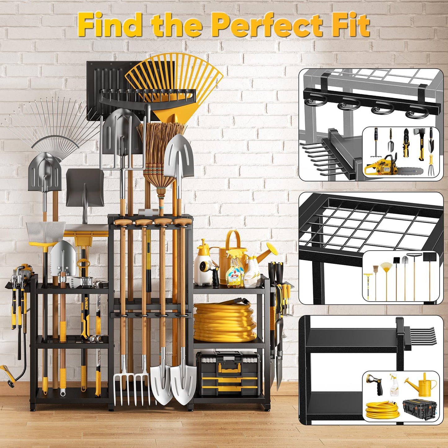 POKIPO 42" H Large Garden Tool Organizer, Holds Up to 86 Tools, Heavy Duty Yard Tool Organizer for Garage, 61“ Wide Lawn Freestanding Tool Storage Rack for Outdoor Shed Tool Rake, Shovel, Brooms
