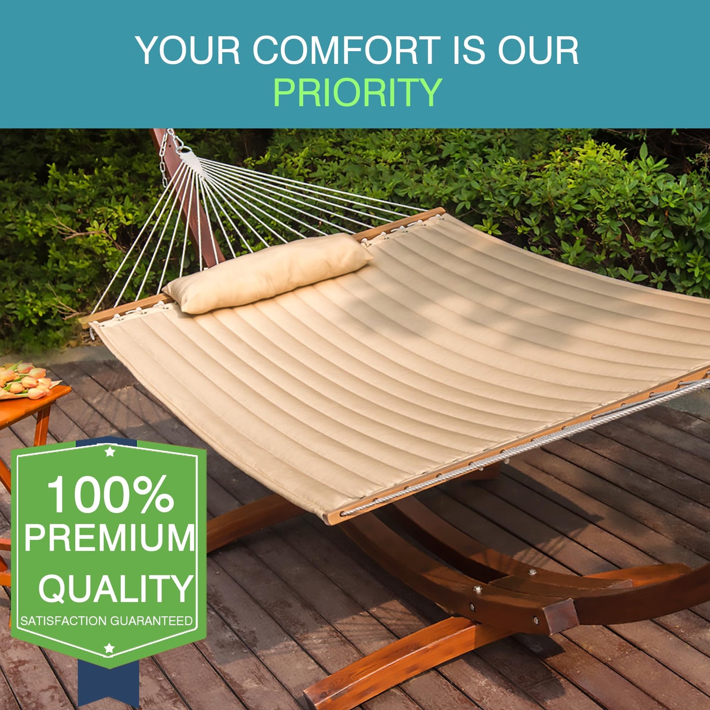 Lazy Daze Hammocks 12FT Quilted Fabric Double Hammock with Spreader Bars and Detachable Pillow, 2 Person Hammock for Outdoor Outside Patio Garden Yard Pool Beach (Linen)