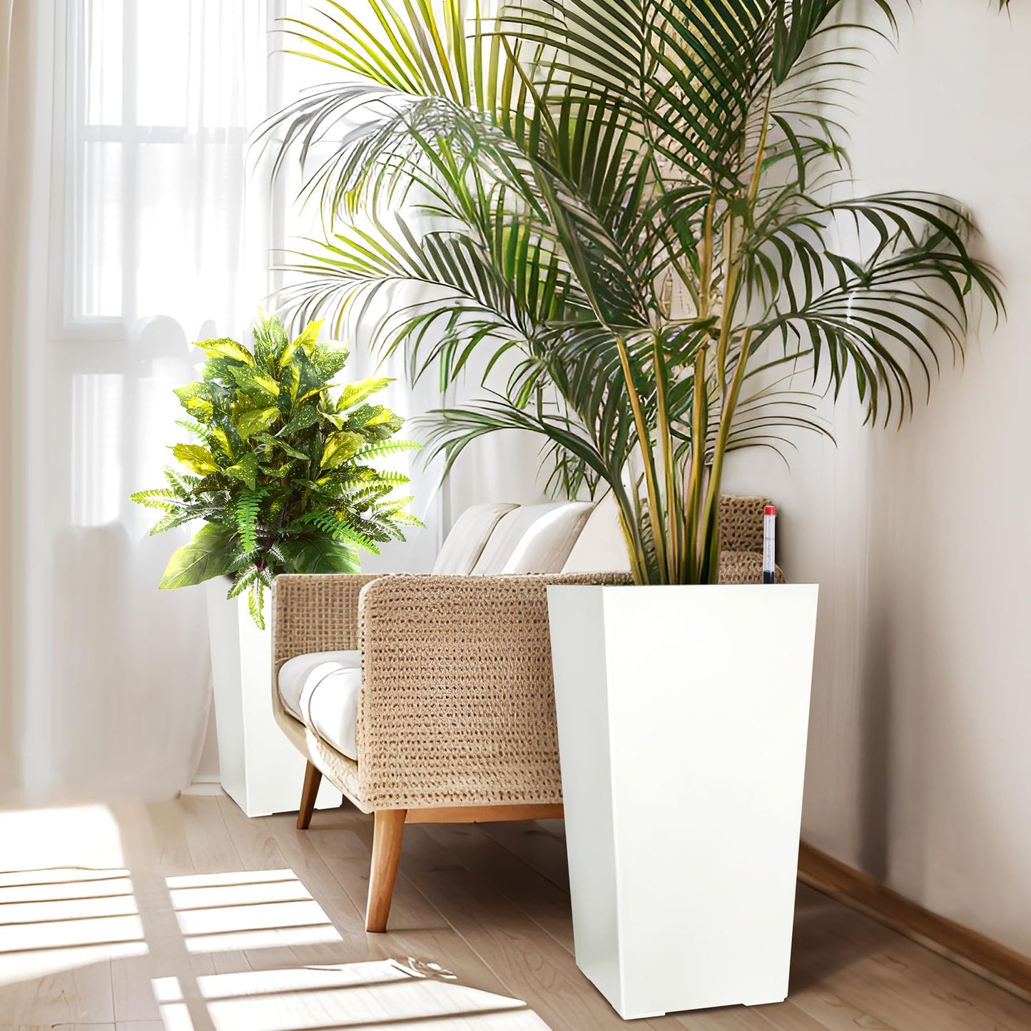 Takywep Tall Planter Self-Watering Set of 2, 22.4 Inch Wicker Rattan Plant Pots with Drainage, Water Level Monitor & Wheels, Large Outdoor Indoor Flower Pot for Porch, Front Door & Patio,White