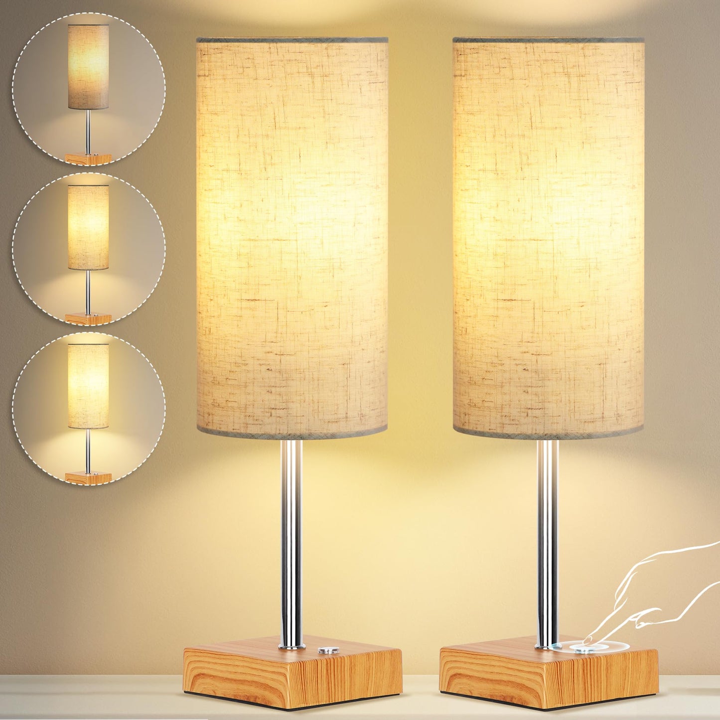 Cordless Table Lamp with Dimmable, Rechargeable 3 Modes Battery Powered Bedside Lamp, rv Essentials Battery Operated Lamps, Touch Lamp for Bedroom, Living Room, Reading Room,15 Inch Beige wood 2PK