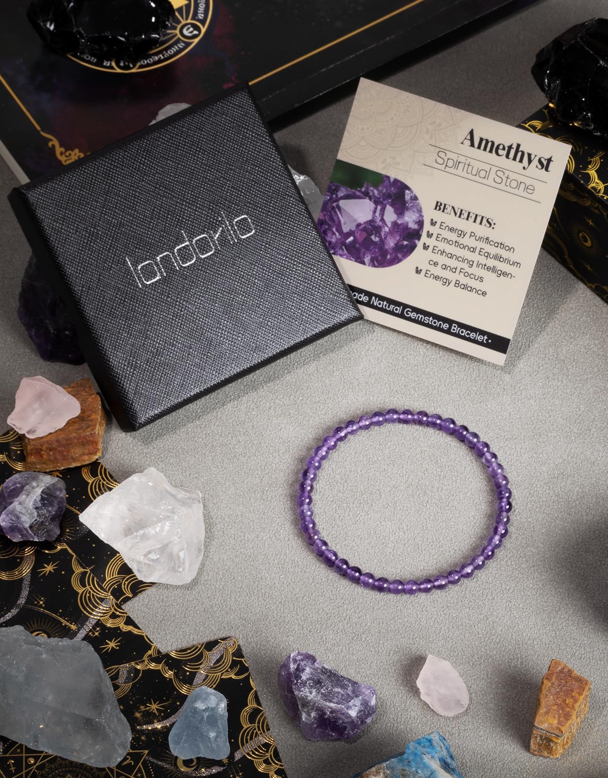 Landorilo Beaded Bracelet for Men Women, 4mm Natural Stone Amethyst Healing Crystal Stretch Bracelets, Ideal Christmas Birthday Jewelry Gifts with Energy Card，Replacement Beads Included