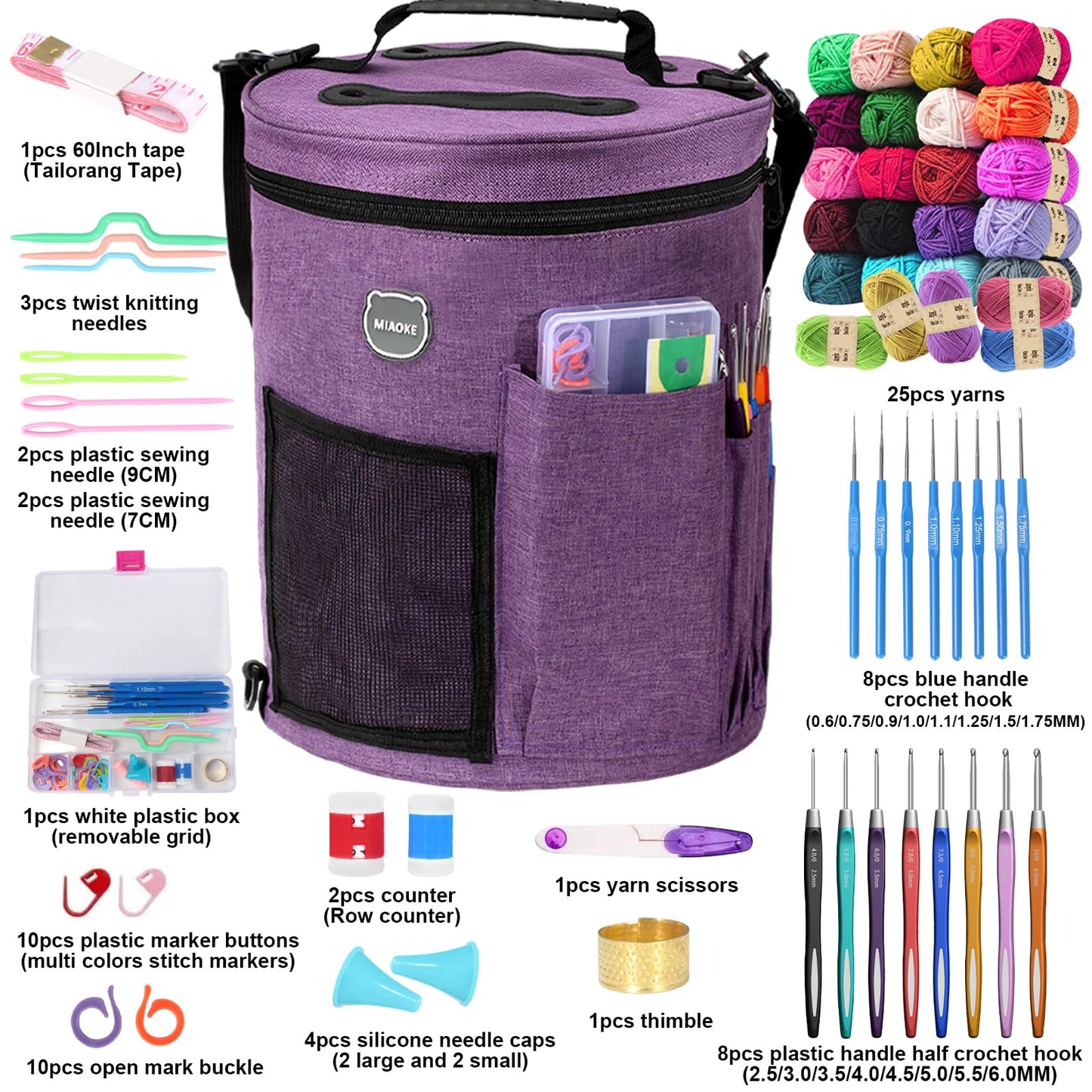 MIAOKE 79pc Crochet Kit, Large Knitting Bag Yarn Storage Organizer, Crocheting Starter Kits with Waterproof Bag, Beginner Knitting Accessories Set, for Beginners Adults Travel Crochet Supplies