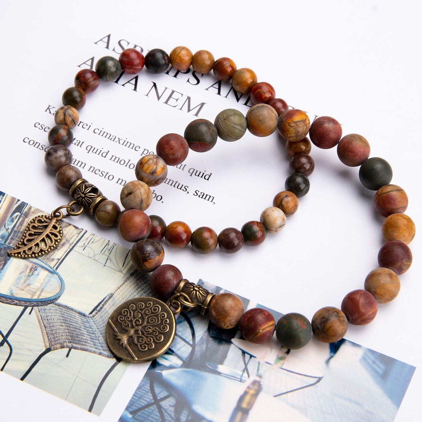 Bivei Natural Semi Precious Gemstone Beaded Bracelets for Women - Life Tree and Leaf Charm Chakra Crystal Picasso Jasper Beads Stretch Bracelet, 8 Inch(Multi-color Picasso Jasper)
