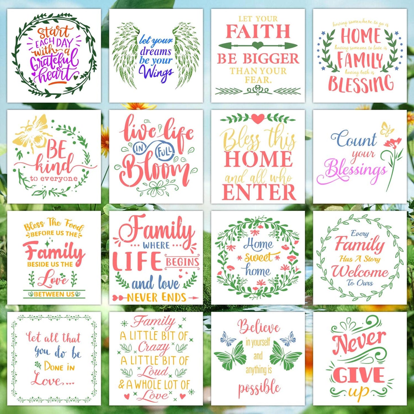 16 Pieces Inspirational Word Stencils Kit Large Motivational Stencil Reusable Phrase Word Template Family Sign Stencils for Painting on Wood, Porch, Front Door, Home Decor(11.8x11.8Inch)