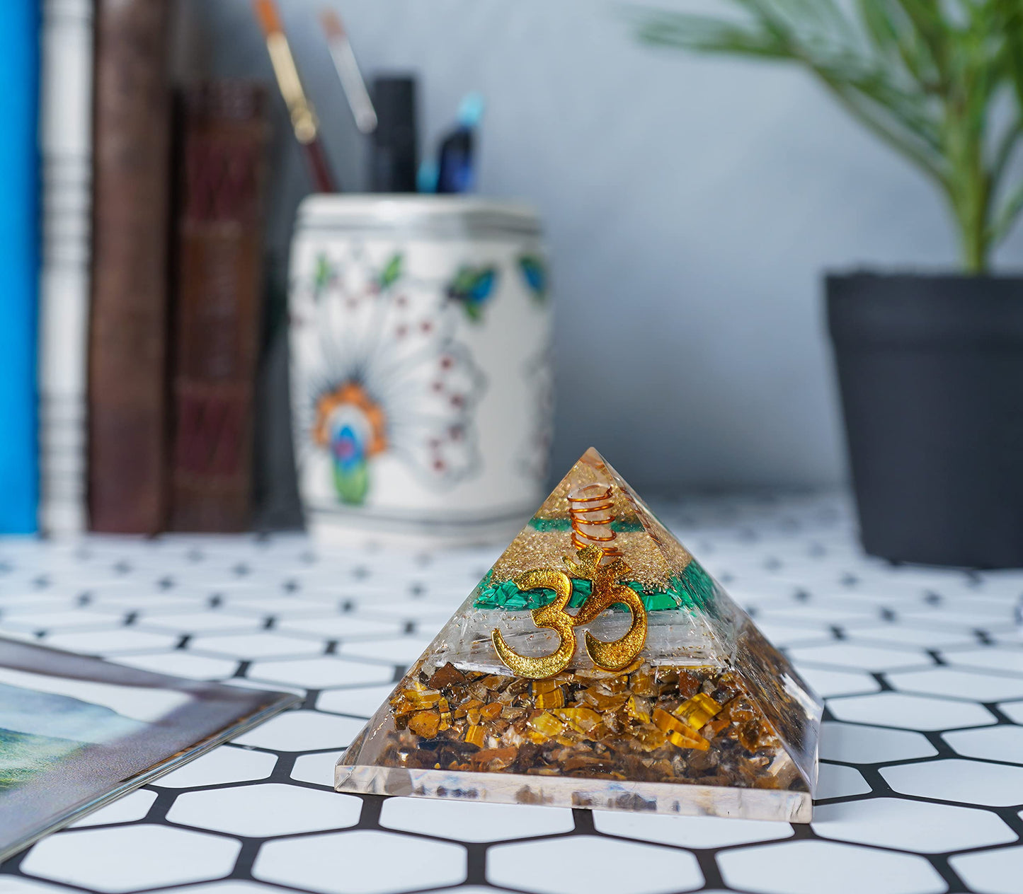 55mm orgone pyramid Tiger Eye, Selenite & Green Malachite protection crystals reiki healing stones, organite pyramid for good luck gift for women men gemstone crystal chakra charm orgonite collection