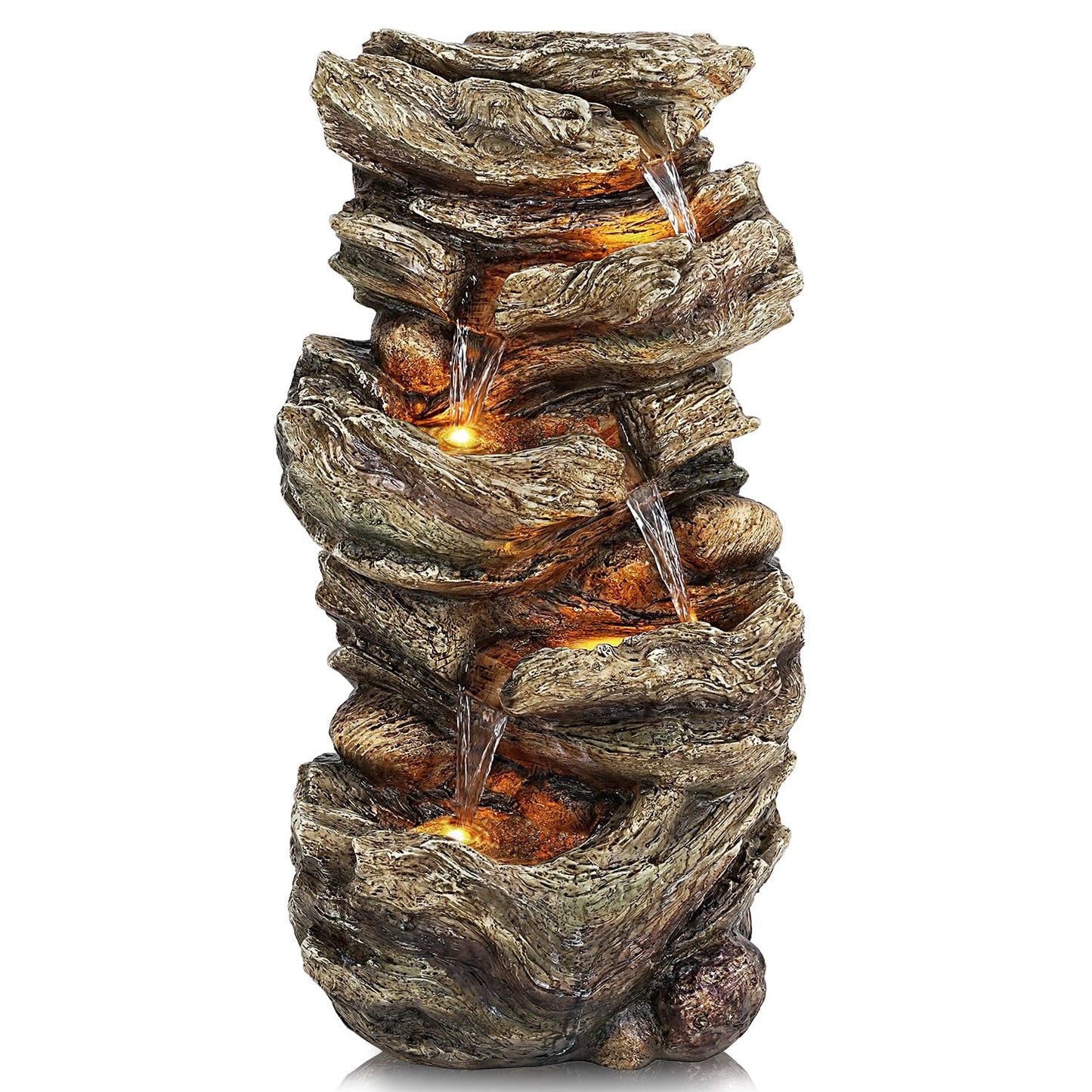 Jocoevol 32" High Outdoor Water Fountain, 5-Tiers Cascading Rock Waterfall Fountain with LED Lights for Garden, Patio, Yard Decor, Soothing Tranquility for Any Outdoor Living Space