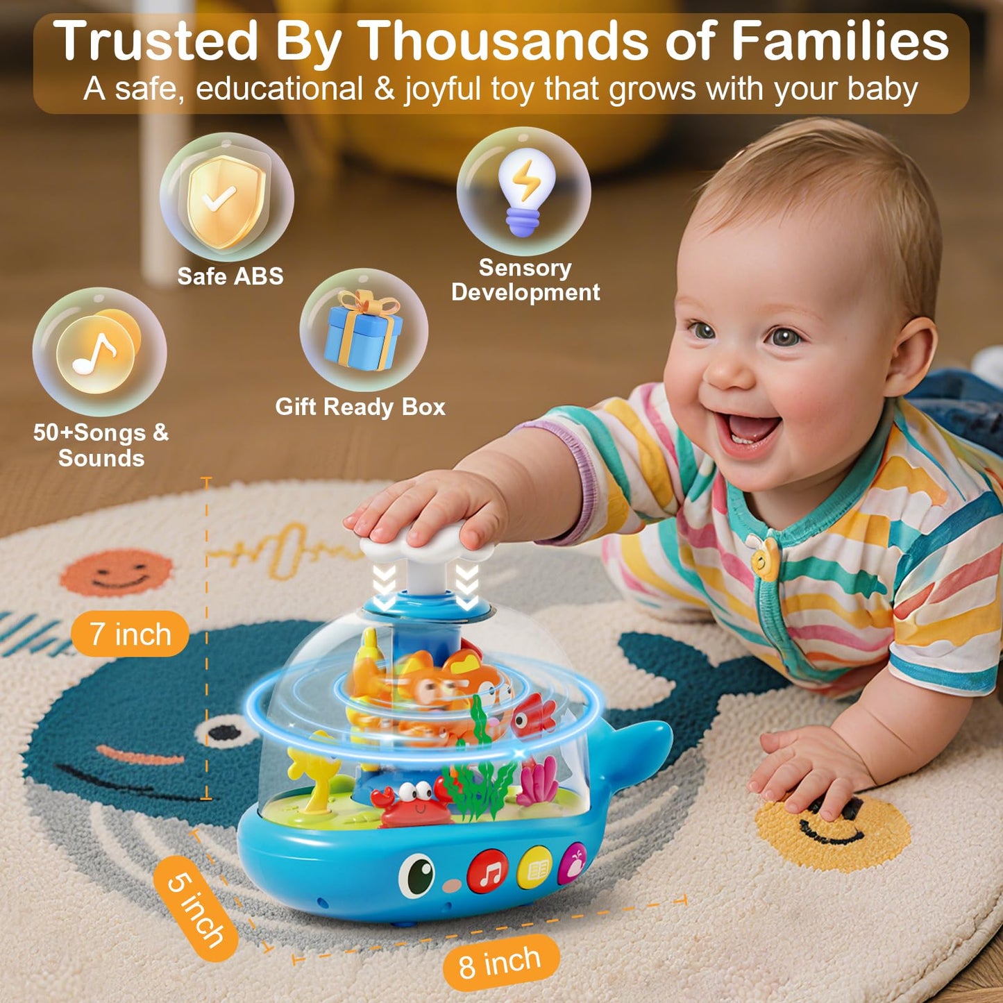 Whale Sensory Spinner Toy for Baby: Light Up Rotating Play with Music – Safe ABS Early Learning Educational Toys for 6 Months+ – Christmas Birthday Gift for Boys and Girls