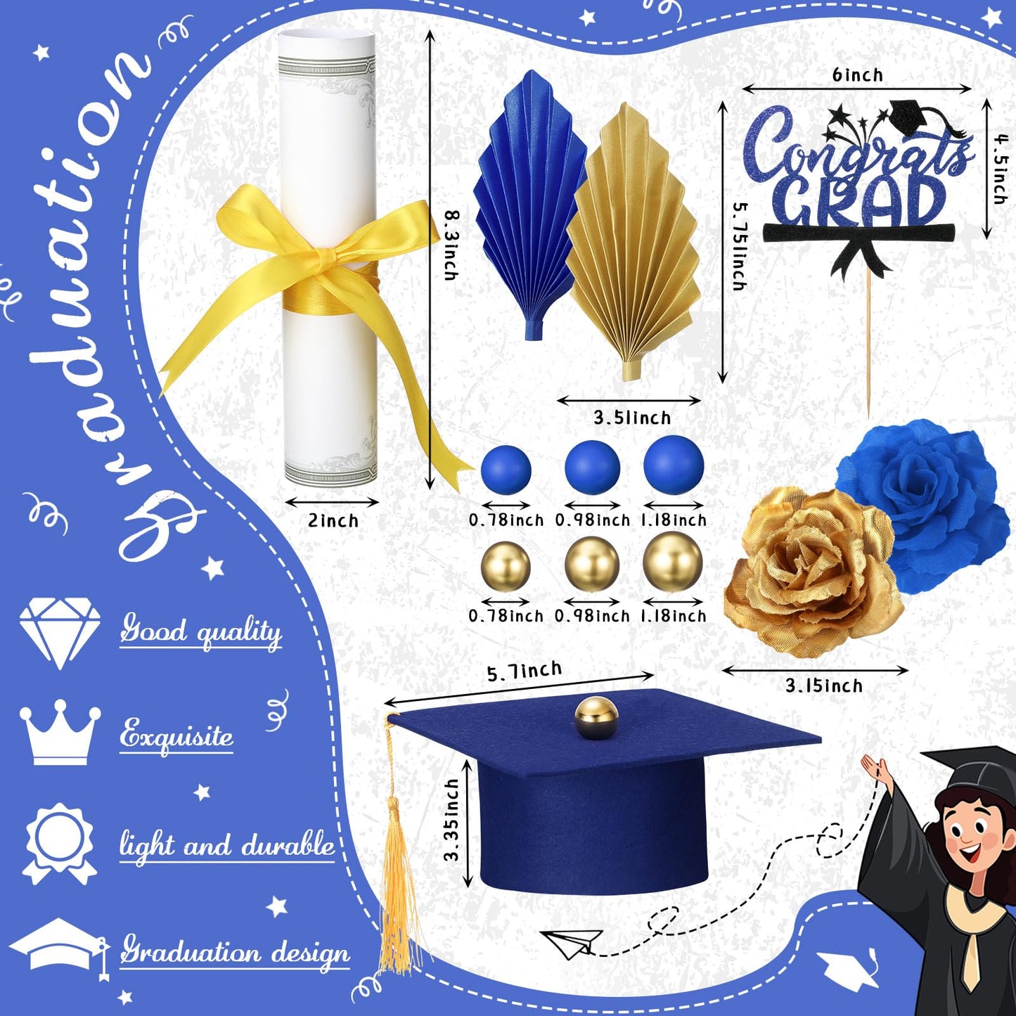 Jingmore Graduation Cake Kit Included Felt Graduation Cap Diploma Classic Black Congrats Grad Cupcake Toppers Beads Leaf Flowers Cake Decorations for Class of 2026 Party(Blue and Gold)
