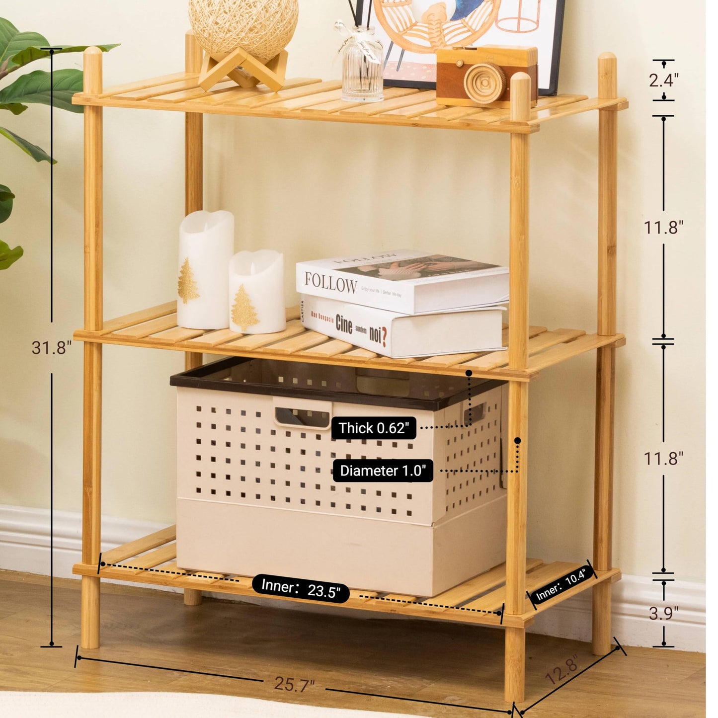 GOGOGO 3-Tier Expandable Bamboo Bookshelf - 150LBS Heavy-Duty, Tool-Free Assembly, Multifunctional Storage for Bathroom/Kitchen/Office Holder Plant Flower Stand (Natural, 3-Tier 12.8" D)