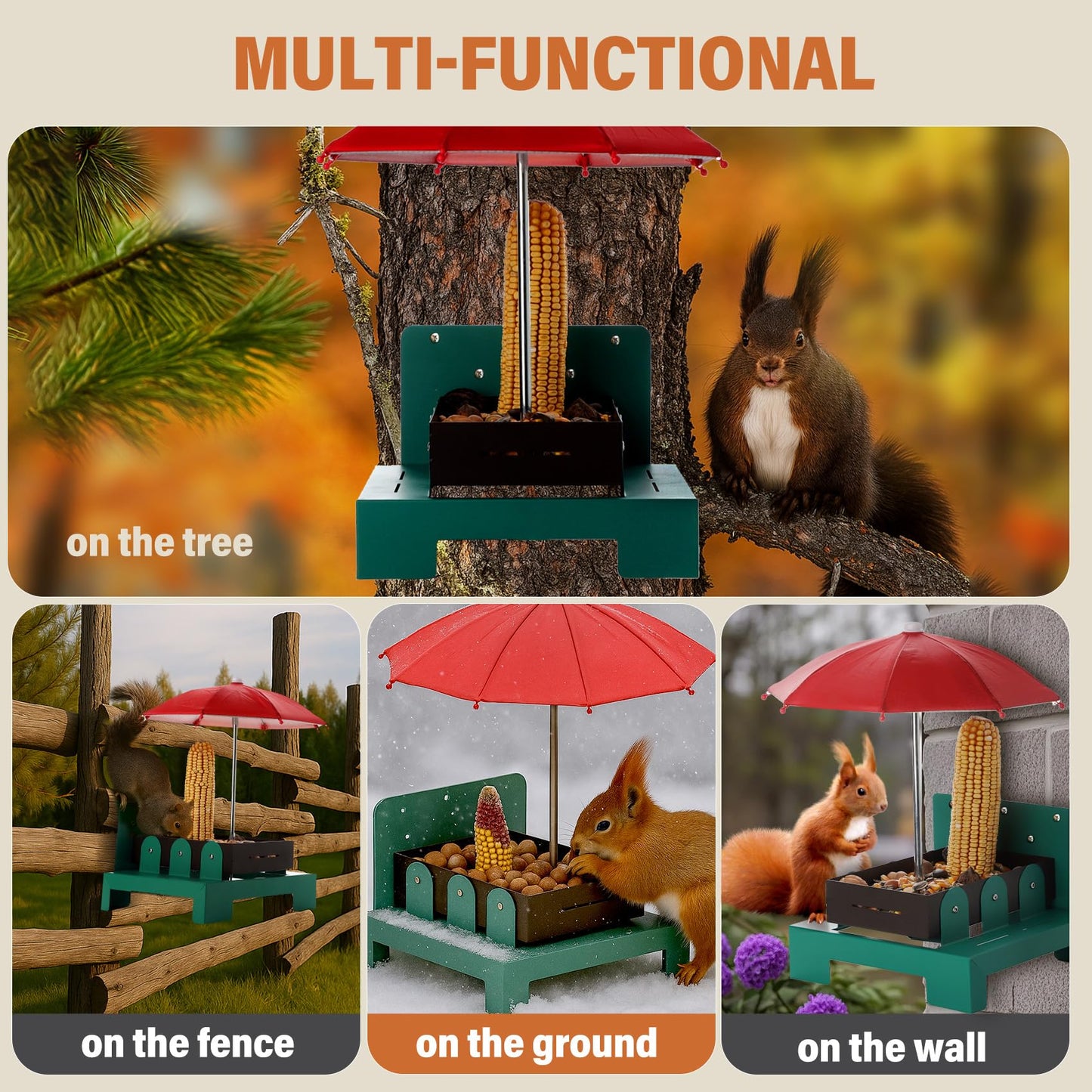 Ewenono Squirrel Picnic Table Feeder with Umbrella – Metal Squirrel Feeder for Outdoors, Large Food Tray & Corn Cob Holder, Funny Picnic Table for Wildlife, Tree-Mount Squirrel Table Feeding Station