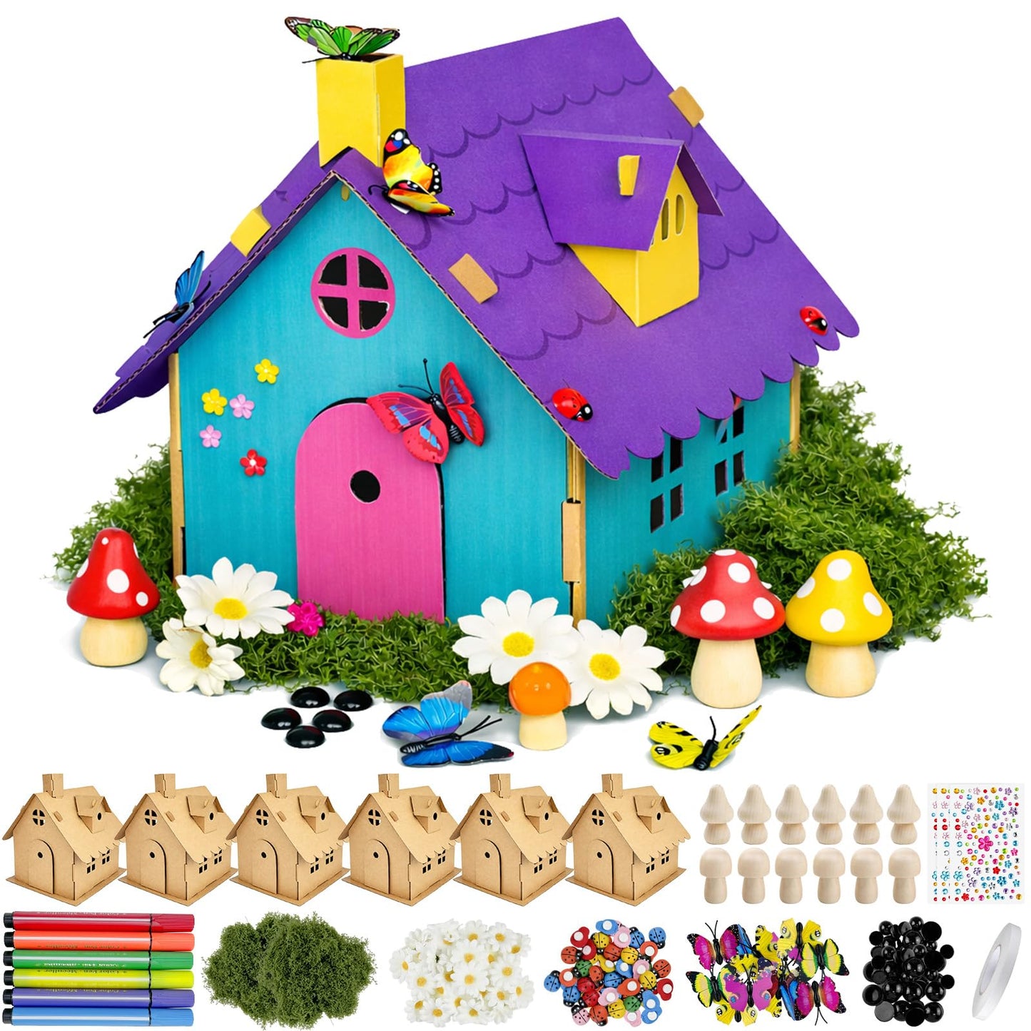 Cinrobiye 6 Pcs Fairy House Craft Kit DIY Miniature Fairy Garden with Coloring Pens Butterfly Flowers Accessories Creative Fairy Dollhouse for Arts & Crafts, Spring Party, Birthday, Easter DIY Gifts