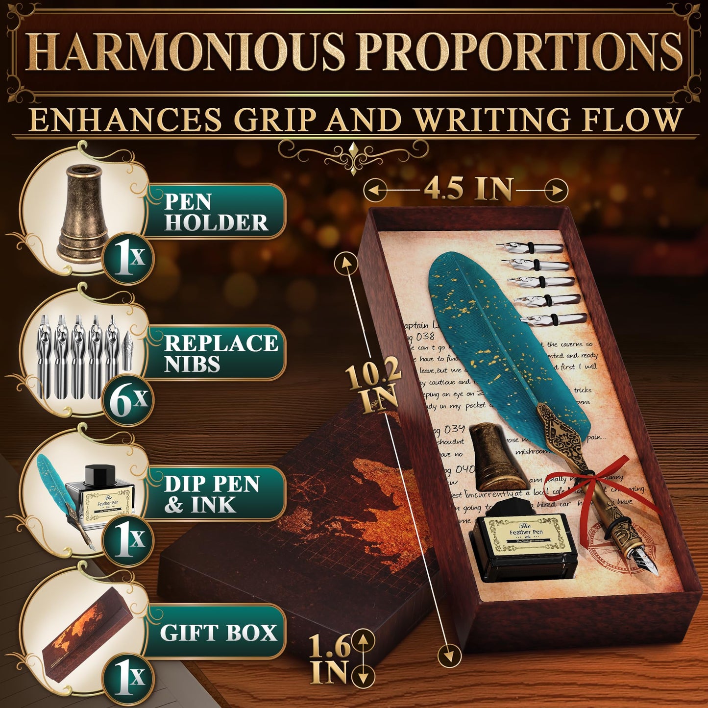 Turquoise Feather Quill Pen and Ink Set – Stainless Steel Dip Pen with 5 Nibs, Non-Slip Grip, Stand & Gift Box – Vintage Quill and Ink Set for Signing, Writing Calligraphy Kit, Elegant Writer Gift