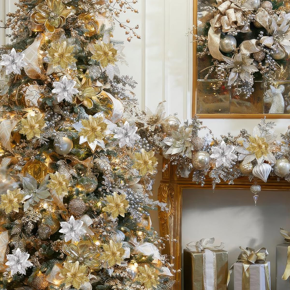 12 Pcs Christmas Glitter Poinsettia Flowers with Clips Stems Xmas Tree Wreaths Garland Decoration Ornaments Artificial Floral Picks Decor for DIY Wreath New Year Wedding Home Party (Gold Silver)