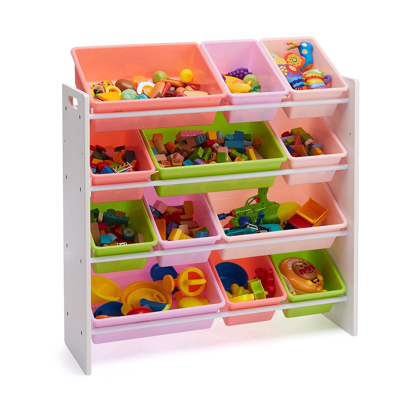 Amazon Basics Kids Toy Storage Organizer with 12 Plastic Bins, White Wood with Pink Bins, for Bedroom and Playroom, 33.85"D x 12.79"W x 35.42"H