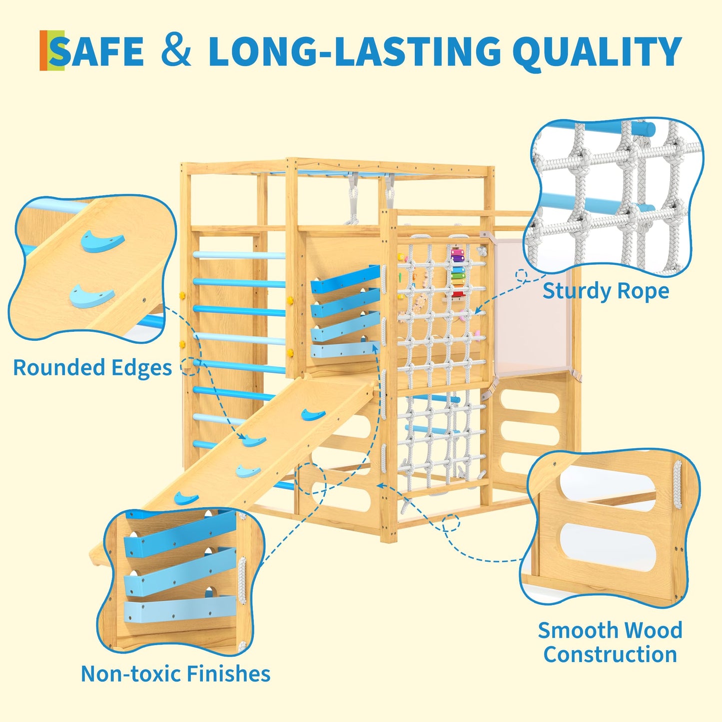 Jungle Gym with Slide, Rock Wall, Wood ＆ Rope Ladder, Monkey Bars, Gym Rings