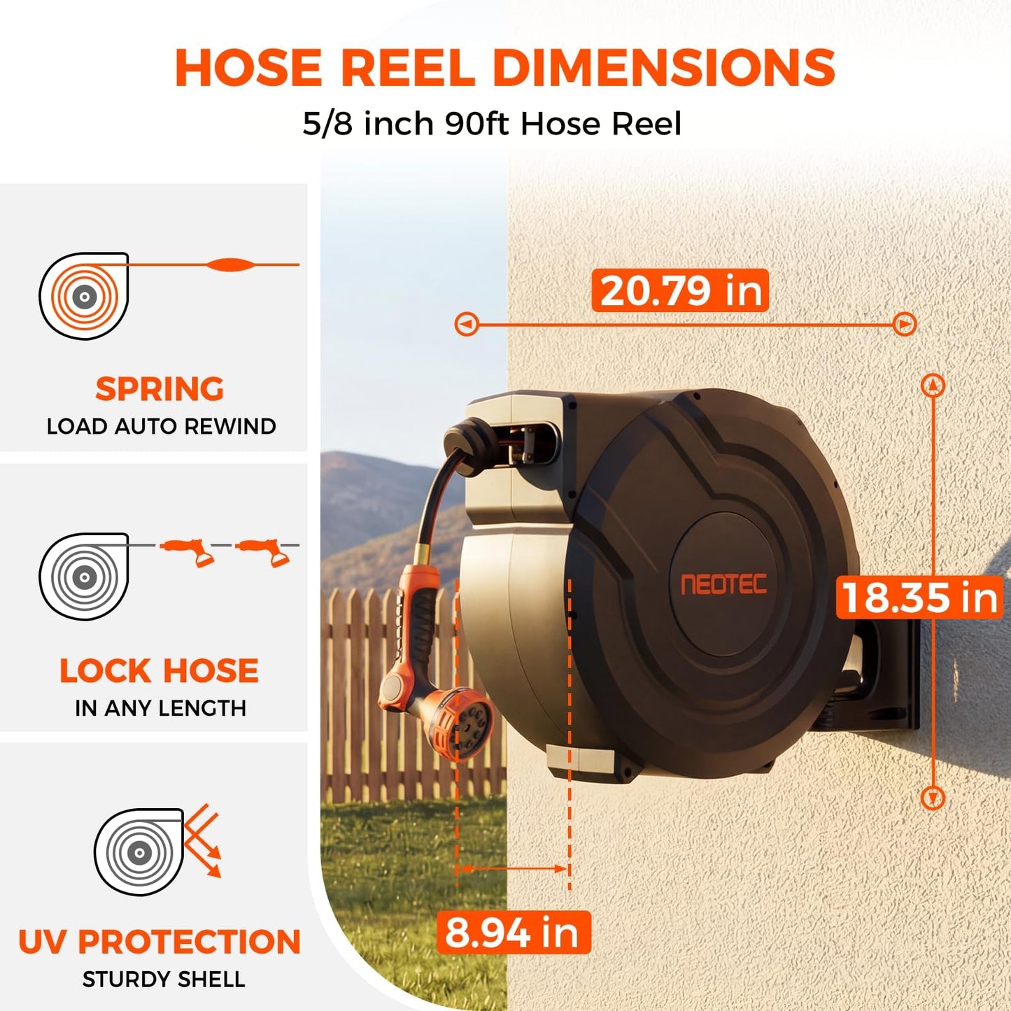Retractable Garden Hose Reel 90 ft x 5/8 inch Automatic Slow Return 9 Sprayer Nozzle Any Length Lock Heavy Duty Wall-Mounted Hose Reels for Outside 180° Swivel UV Resistant