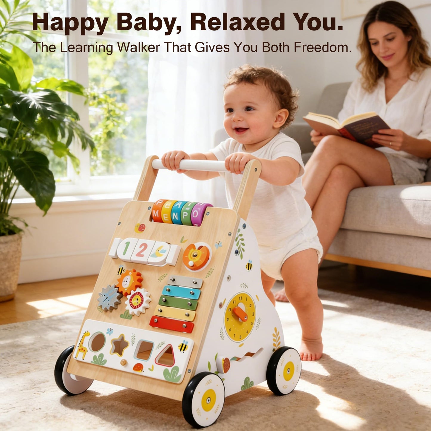 Wooden Baby Walker with Wheels, Baby Push Walker Adjustable Speed for Boys and Girls,Montessori Activity Center Walking Toys for 1 Year Old Learning to Walk,First Birthday Gift