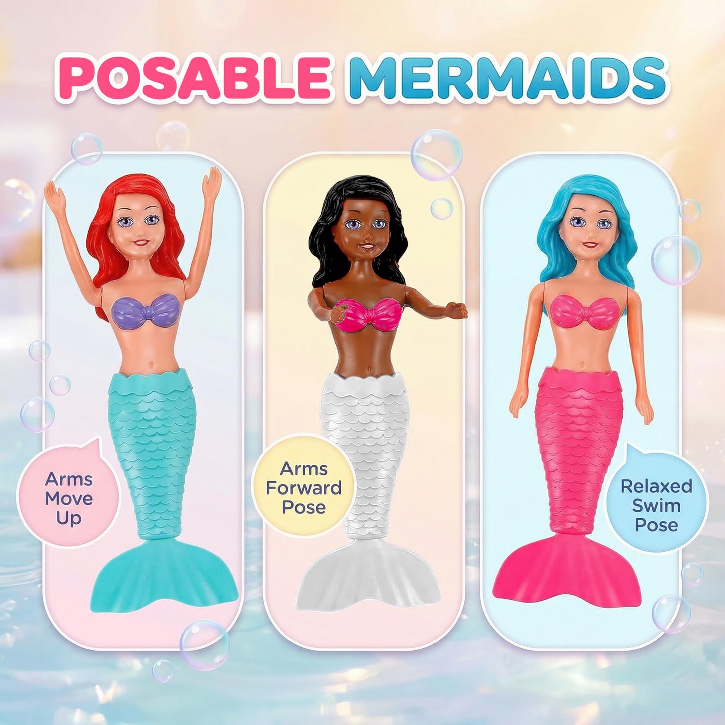 Mermaid Bath Toys for Toddlers Kids Girls - Princess Wind Up Tail Flap Floating Water Bathtub Toys, Swimming Pool Bathing Time Fun (4 Pack)
