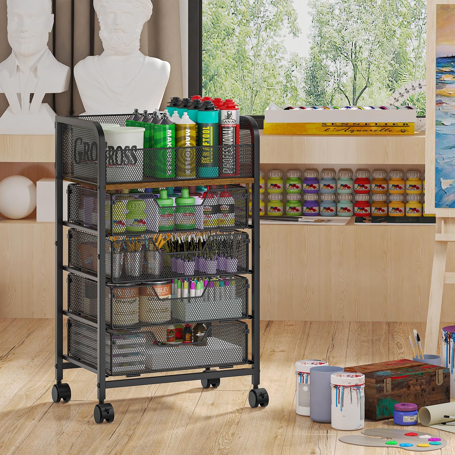 Yociyoga 5-Tier Craft Cart with Wheels-Rolling Storage Cart with Drawers,Rolling Utility Cart with DIY Divider,Art Supply Organizer Cart,Rolling Cart with Drawers,Craft Organizers and Storage,Black
