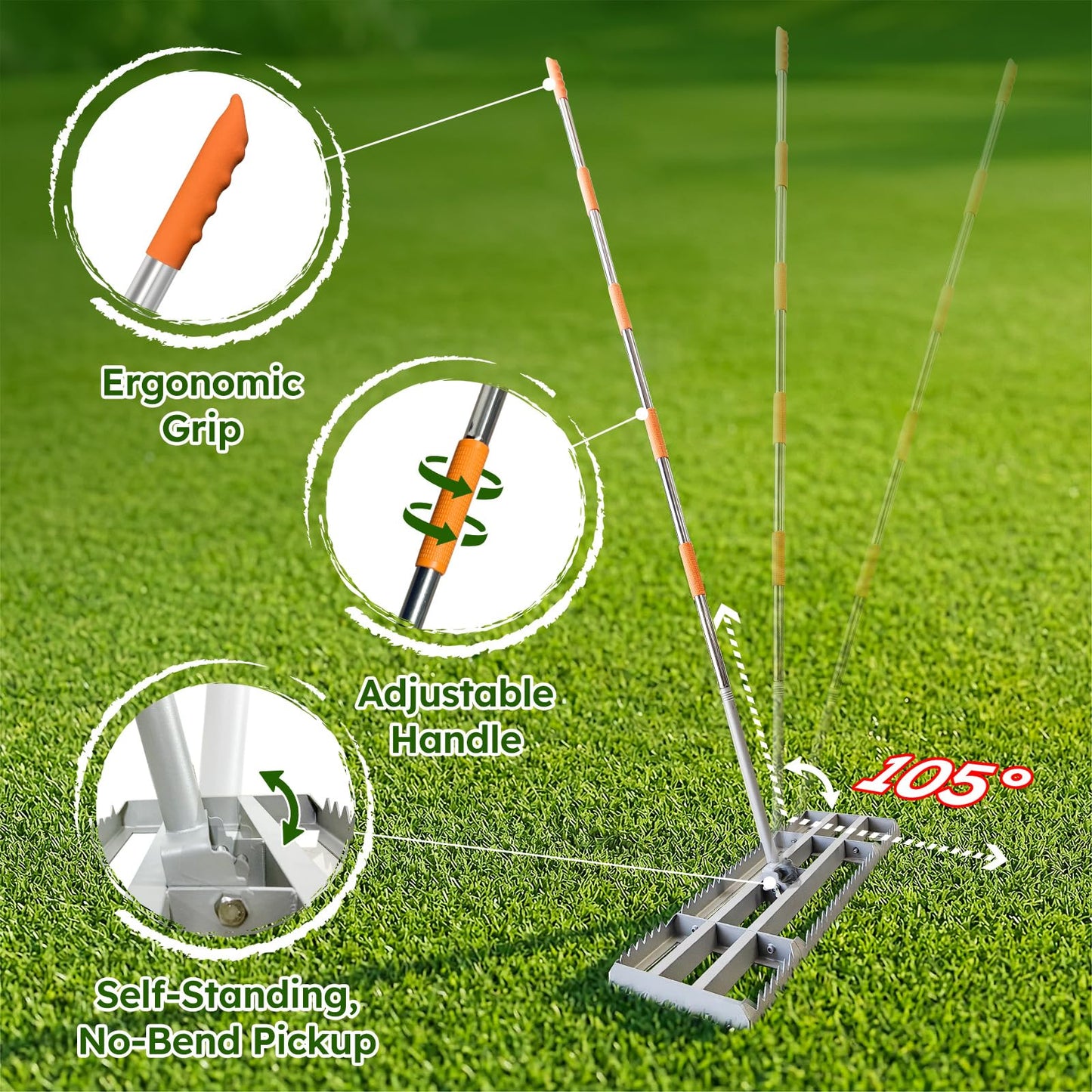 Lawn Leveling Rake, 2-in-1 Double-Sided Landscape Leveler with 20 Marking Flags for Low Spot, 30"×10" Heavy Duty Stainless Steel Flat & Serrated Side for Soil Sand Gravel, Yard Garden Golf Course