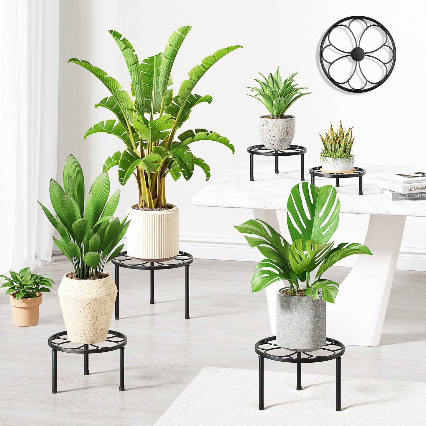 NQW 5 Pack Metal Plant Stands,Heavy Duty Potted Holder for Flower Pot,Indoor Outdoor Metal Rustproof Iron Garden Container Round Supports Flower Rack for Planter(BlackFlower)
