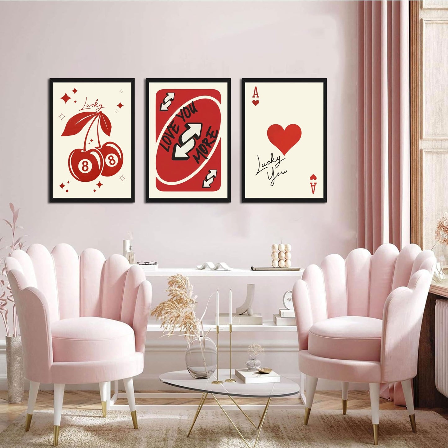 Red Heart Wall Art Set of 3, Trendy Love You More Valentine Wall Decor Paintings, Funky Y2K Ace of Hearts Canvas Prints Pictures, for Bedroom Dorm Bar Valentine Gift 12x16 Inch Wood Framed