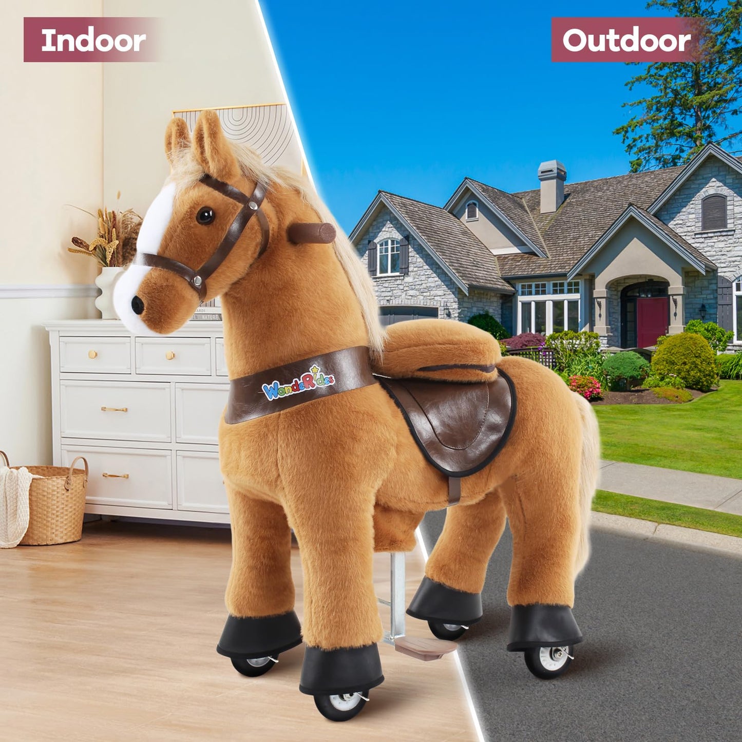 WondeRides Ride on Horse Riding Horse Pony Cycle Toy, 30.1 Inch Height Riding Pony Ride Plush Rocking Mechanical Walking Animal with Wheels No Battery Size 3 for Kids 3 to 4 Years M345