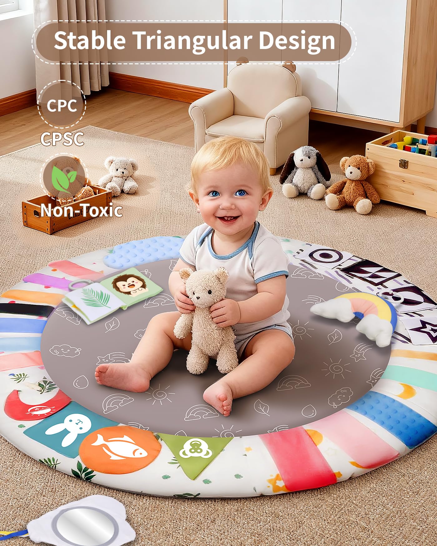 Baby Play Gym Activity Mat, WOOD CITY Tummy Time Play Mat for Babies 0-6 Months with 6 Detachable Newborn Infant Toys, Promote Motor Skills & Sensory Development Baby Essentials Gift