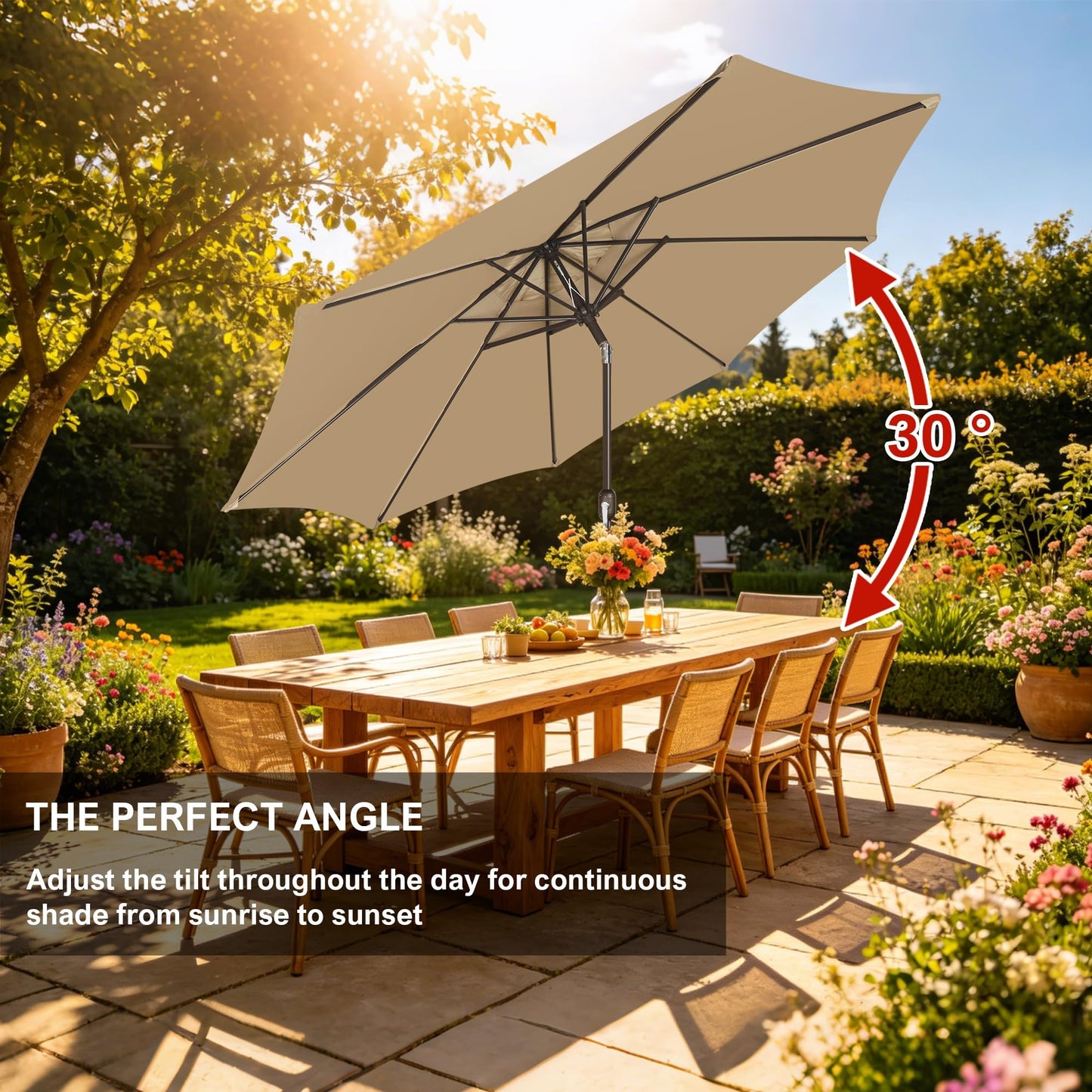 Blissun 9' Outdoor Patio Umbrella, Outdoor Table Umbrella, Yard Umbrella, Market Umbrella with 8 Sturdy Ribs, Push Button Tilt and Crank (Tan)