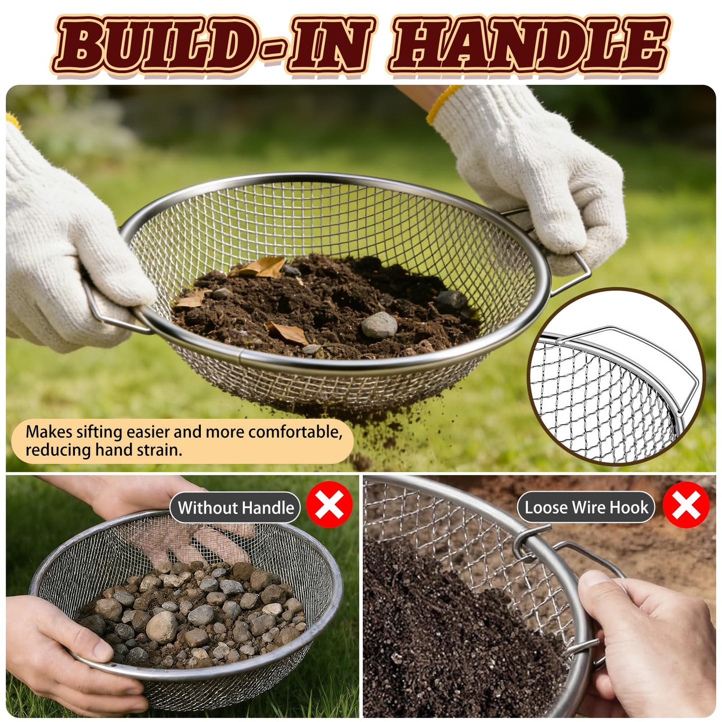 5PCS Soil Sifter, Gardening Soil Sifter with Handle Rock Compost Sifting Screen for 5 Gallon Buckets Garden Metal Sieve Strainer with Shovel 2,4,6,8,10mm Mesh Sizes Remove Stone Fine Gravel Sand Dirt