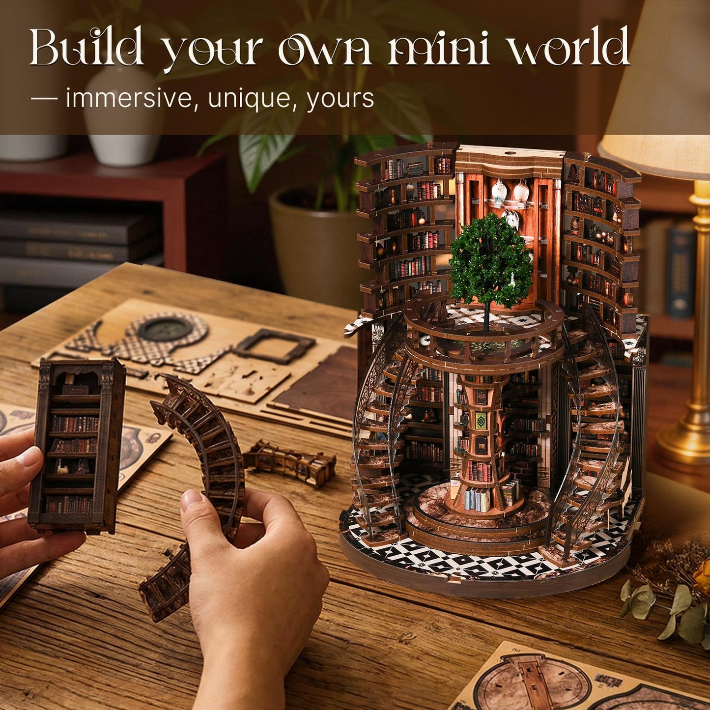 Kaayeewood Book Nook Kit, 3D Wooden Puzzles for Adults, DIY Miniature House Kit for Adults, Booknook with LED Light, Gifts for Family, Friends and Book Lovers, Bookshelf Decor(Wisdom Rings)