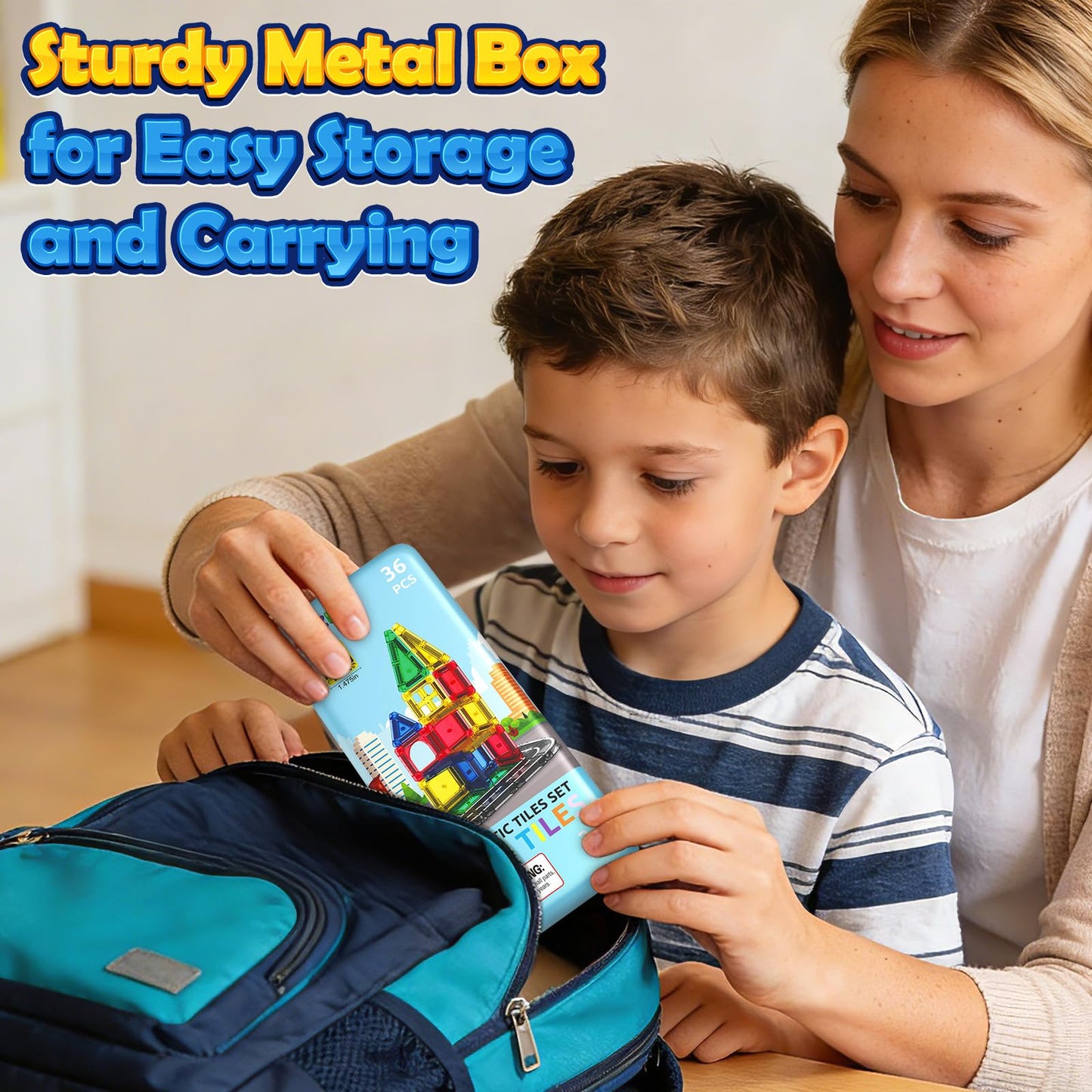 ORZbb Mini Magnetic Tiles Road with Case Toddler Travel Toys Trip Essentials Set, Magnetic Building Blocks Toys for 3 4 5+ Year Old Boys Girls Montessori Sensory Learning Easter Birthday Gifts