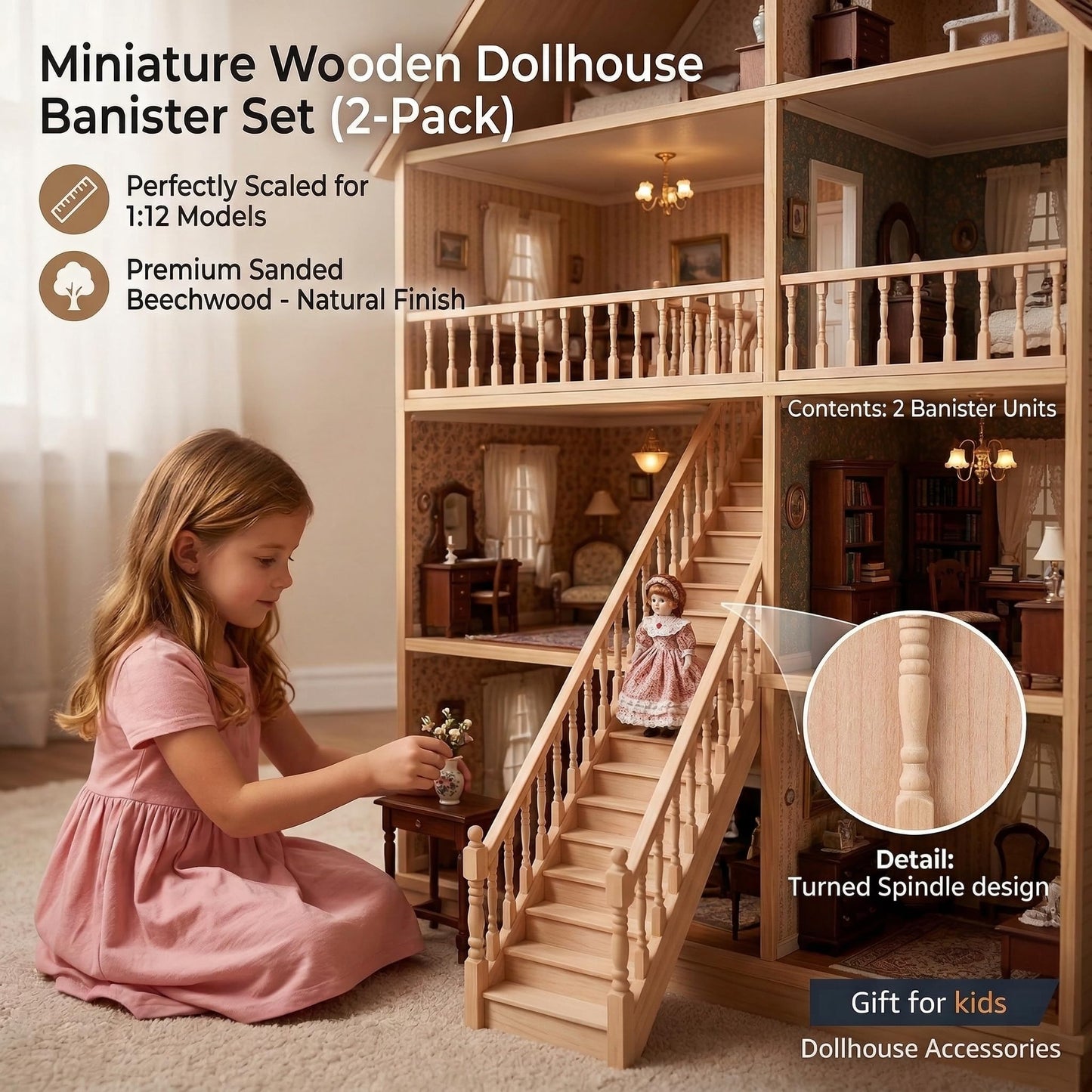 2PCS Dollhouse Railing Miniature Furniture - 1:12 Scale Wooden Stair woodHandrail Kit for DIY Fairy Doll House Accessories Victorian Dollhouse Micro Handrail