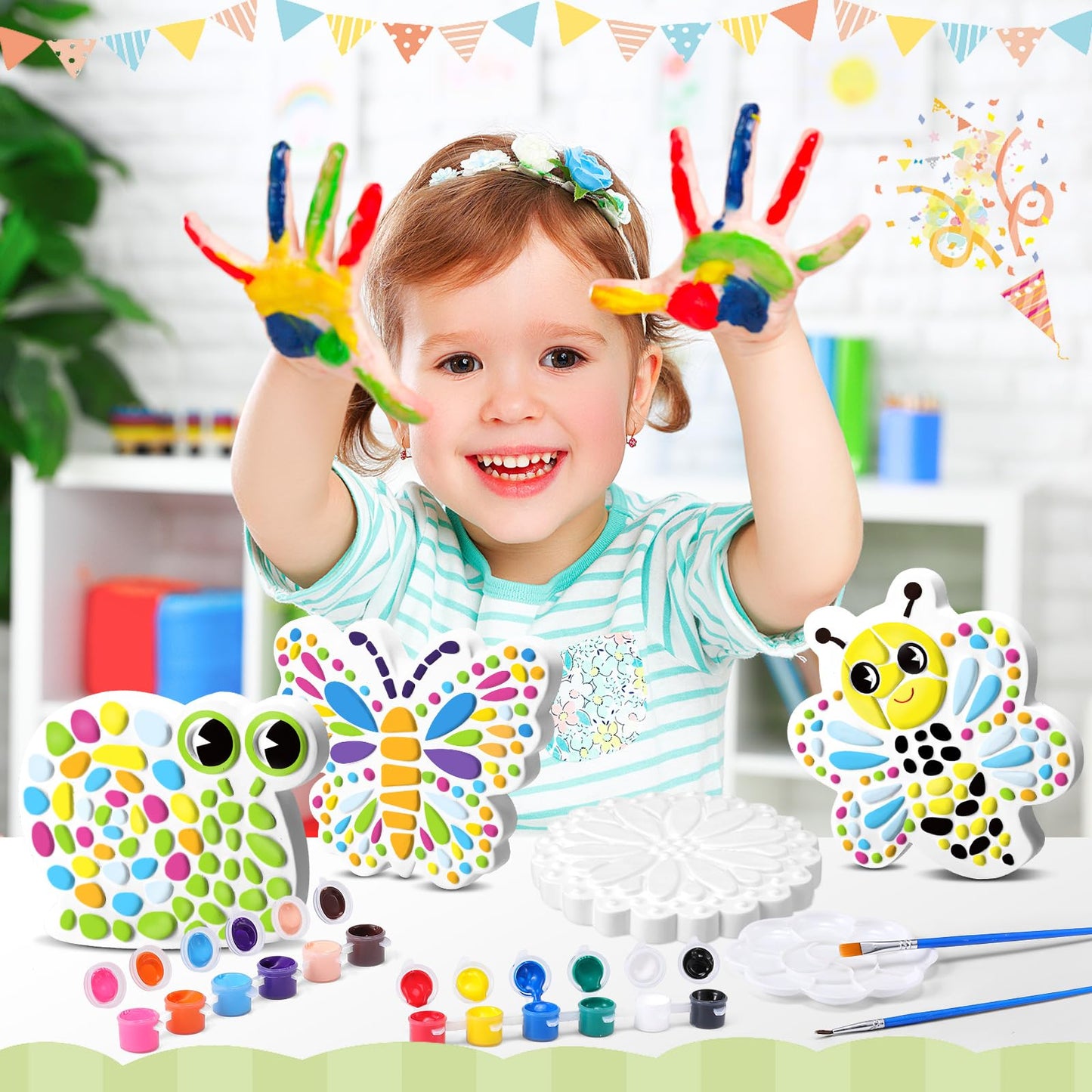 PullCrease 6 Pack Stepping Stone Ceramic Kit for Kids Paint Your Own Plaster Stones Arts and Crafts Handprint Garden and Spring DIY Craft Pottery Outdoor Painting Gifts for Kids Ages 4-12