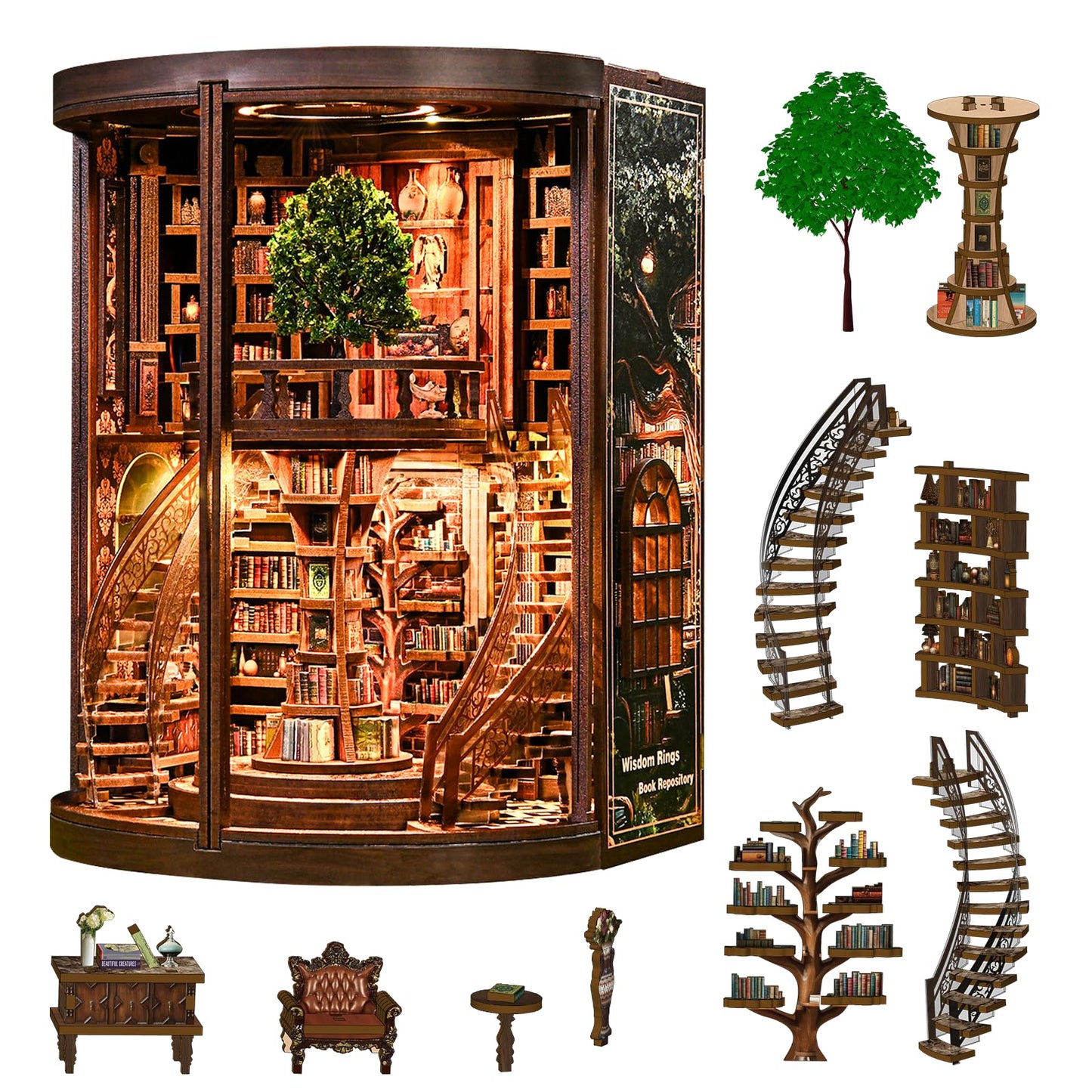 Kaayeewood Book Nook Kit, 3D Wooden Puzzles for Adults, DIY Miniature House Kit for Adults, Booknook with LED Light, Gifts for Family, Friends and Book Lovers, Bookshelf Decor(Wisdom Rings)