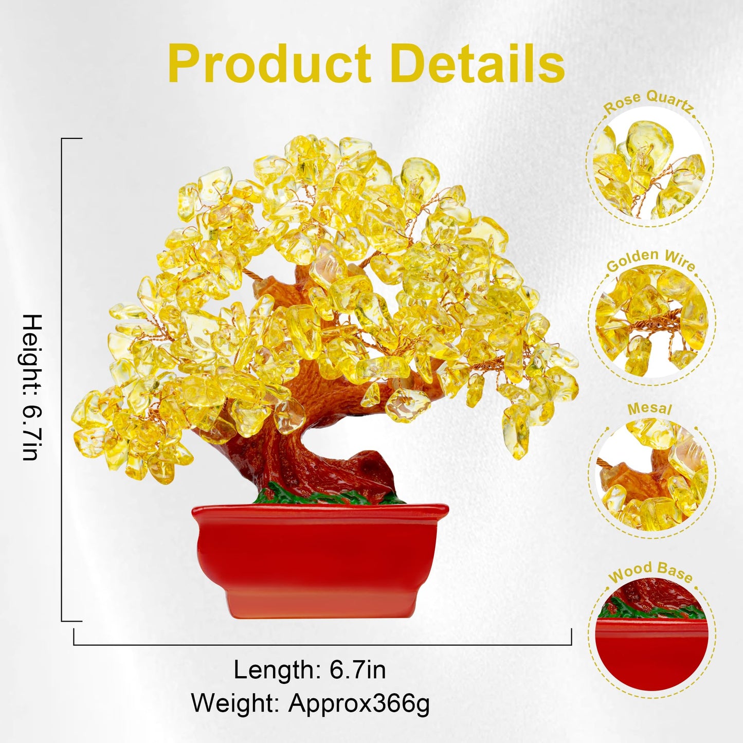 QINJIEJIE Citrine Crystal Money Tree for Room Office Desk - Yellow Feng Shui Bonsai With Healing Stones - Luck Tree of Life Decor for Positive Energy - Gemstone Gift for Women Men Meditation