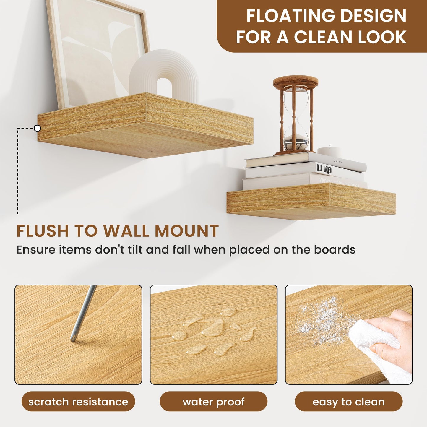 fuqing Floating Shelves for Wall, Wall Mounted Wood Floating Shelf with Invisible Brackets for Living Room, Bathroom, Bedroom, Kitchen Storage and Decor,6.5 Inch Set of 3, Oak