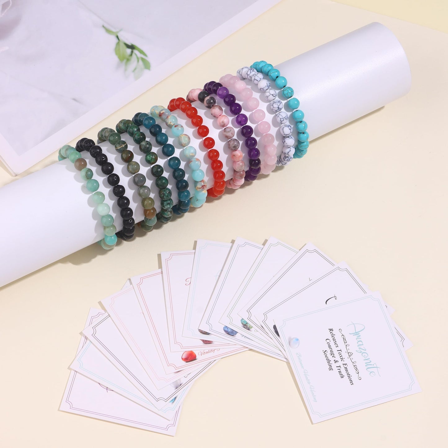 SAMOCO 12PCS 8mm Natural Crystal Bracelets for Women Men Semi-Precious Gemstone Beaded Bracelets Round Beads Gemstones Stretch Yoga Bracelet