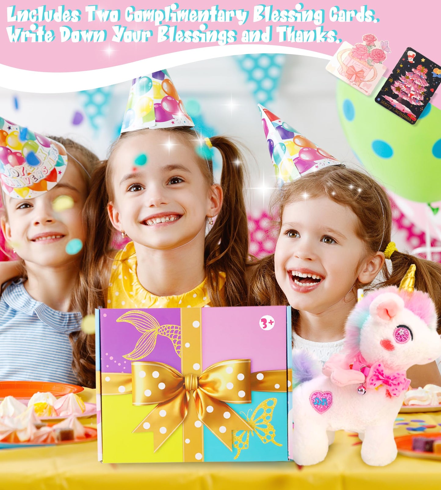 LSSAGOON Unicorn Birthday Plush Toy Gifts Gift Set for Girls Age 3-5 6-8 9-12,Bath Toys Gifts Set with Bath Towels,Headband,Bath Sponge,Sleep Mask,Comb etc.for Christmas,Easter Gifts