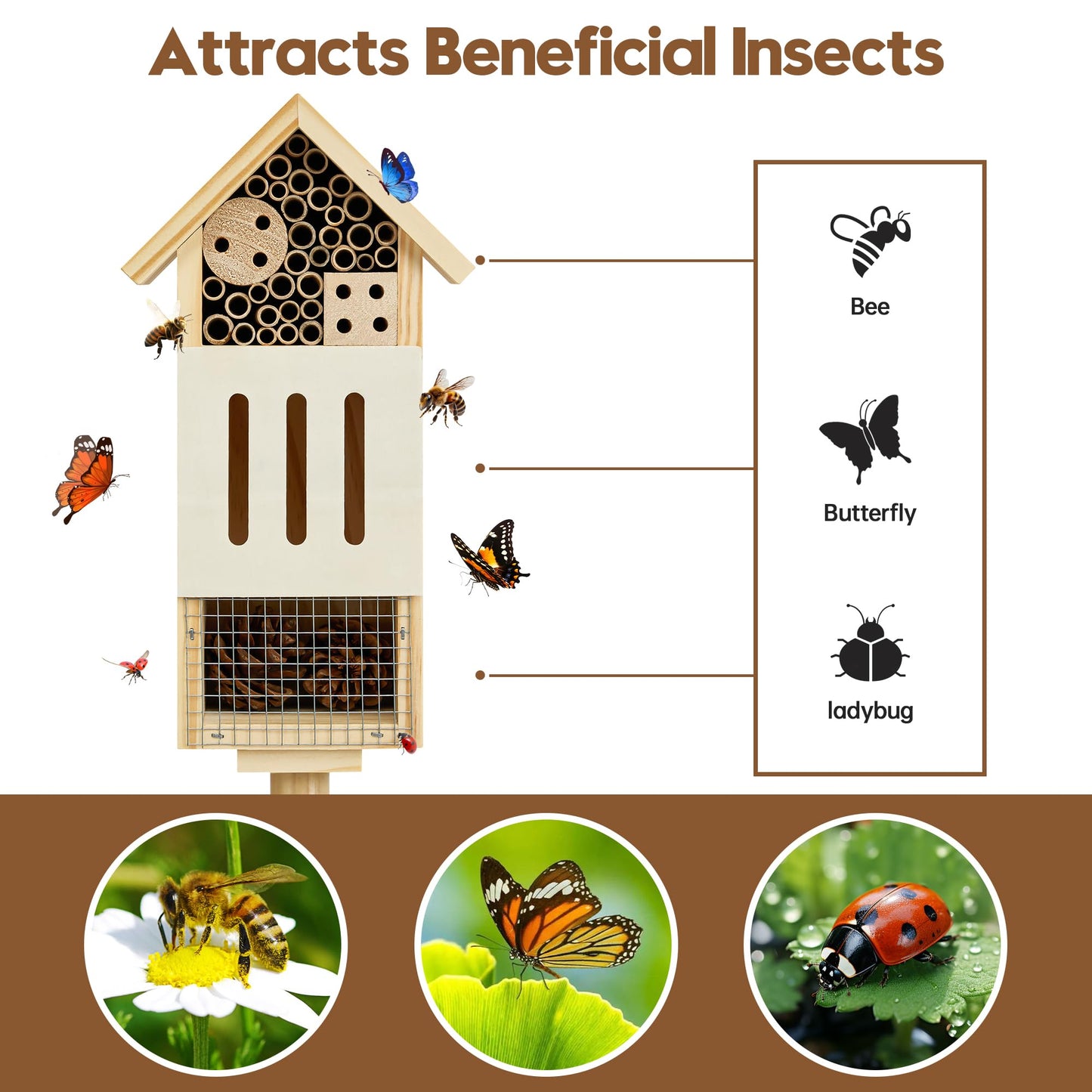 Bee House Bug Hotel & Butterfly House with Stake, Handcrafted Wooden Ladybug Hotel, Natural Insect Habitat for Garden, Patio, or Yard, Attracts Pollinators, 10.4 x 5.5 x 3.2 Inches,25 inches Stake