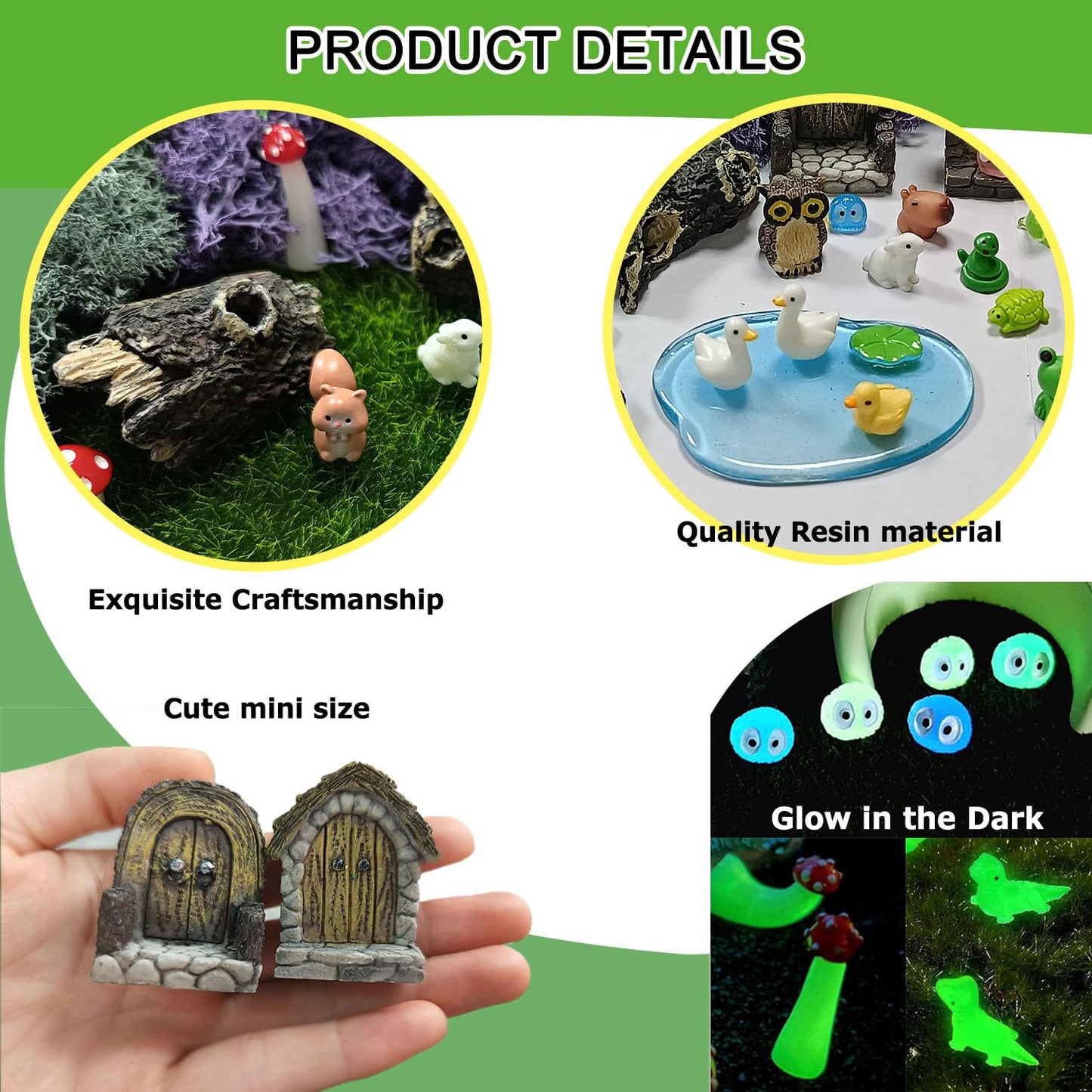 QuarenDen 42 Pcs Miniature Fairy Garden Accessories, Fairy Door, Miniature Tree Stumps and Tiny Resin Animal with Moss for DIY Craft, Lawn, Fairy Garden Decor