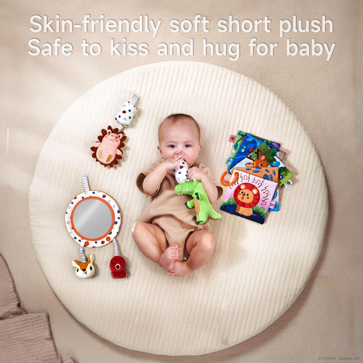 TUMAMA Car Seat Toys 3 6 9 12 Months, Plush Animal Rattle Mirror Soft Crinkle Book Baby Enlightenment Toy Set, Newborn Crib Stroller Play Gym Hanging Toys