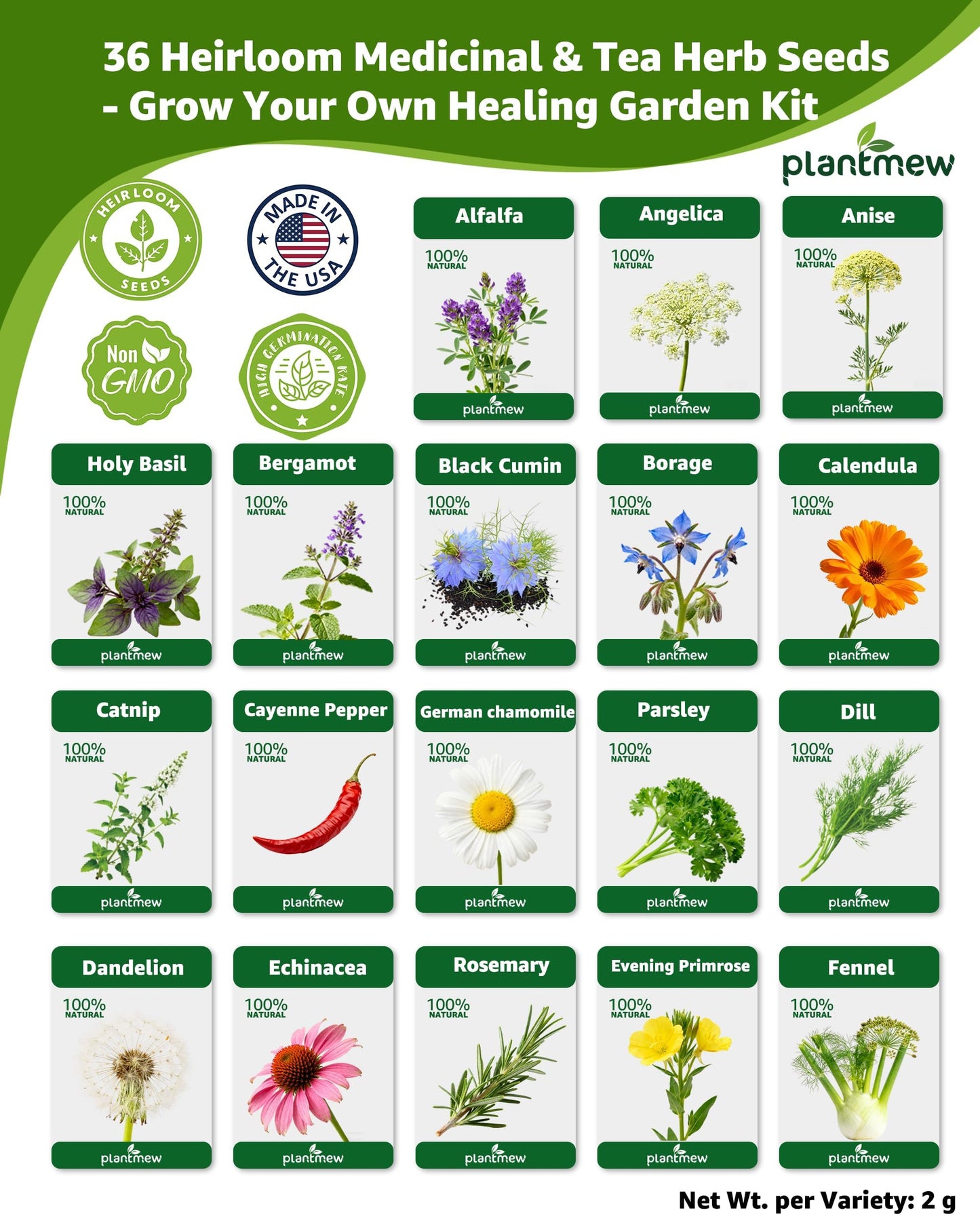 Medicinal Herb Seeds Variety Pack - 36 Non-GMO Herbal Tea Garden Seeds: Chamomile, Lavender, Echinacea, Yarrow, Mugwort for Planting Indoor & Outdoor, Apothecary & Homesteading Supplies