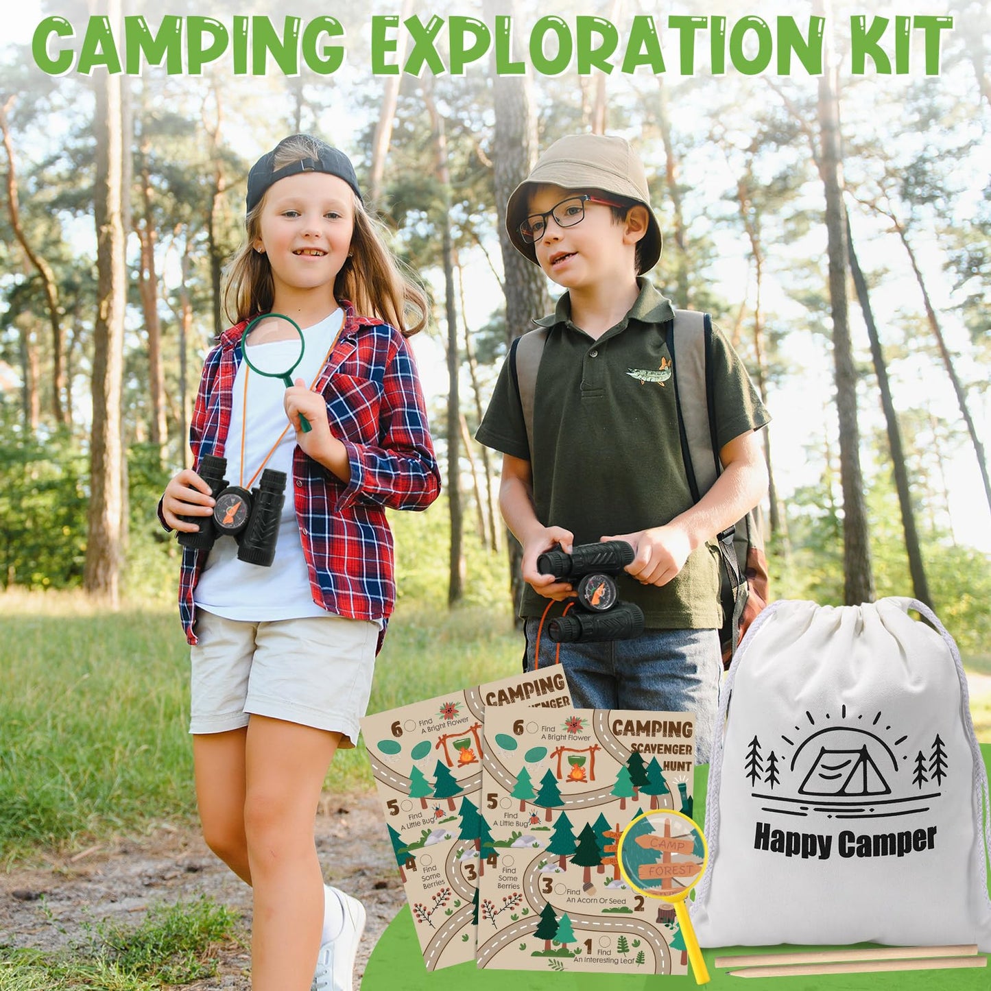 HyDren 8 Sets Camping Party Favors for Kids Safari Party Favors with 8 Camping Scavenger Hunt Cards 8 Canvas Gift Bags 8 Binocular Toys 8 Magnifying Glass 9 Pencils Outdoor Exploration Kit