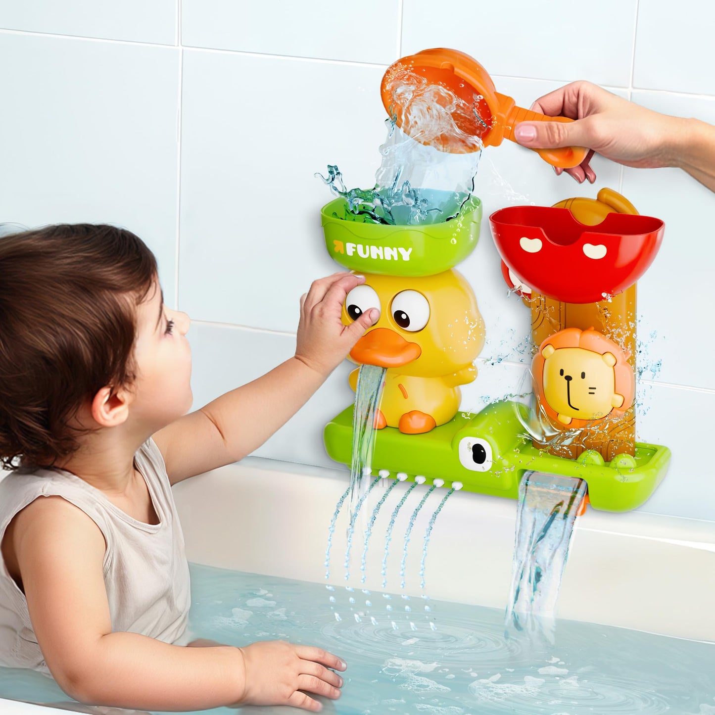 iPlay, iLearn Bath Toy for Toddlers 1-3, Baby Waterfall Duck Bathtub Toy W/ Suction Cup, Kid Bath Tub Shower Playset, Infant Bathtime Fun Birthday Summer Gifts 18 24 Month, 2-4, 3-5 Year Old Girl Boy