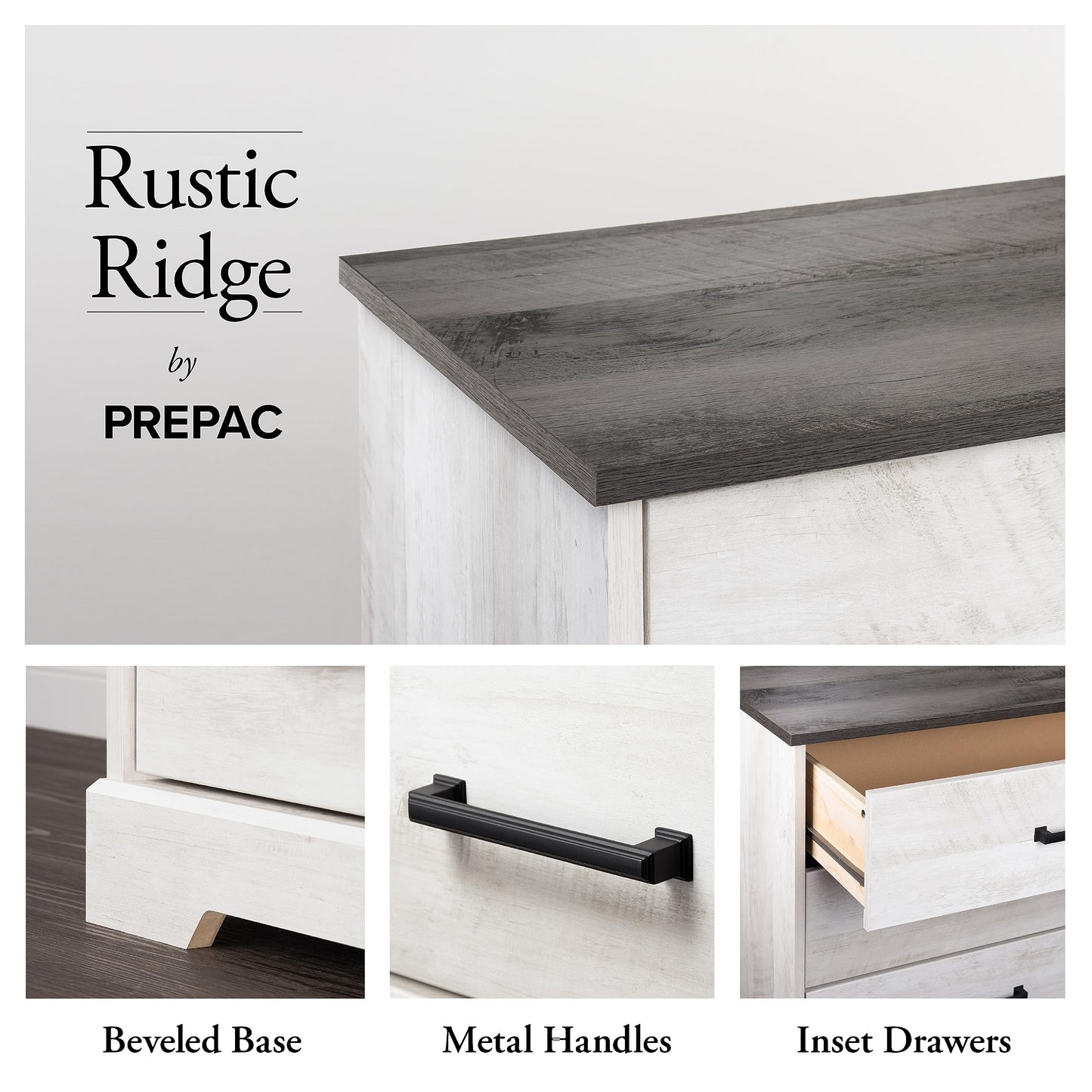 Prepac Rustic Ridge Farmhouse 6-Drawer Double Dresser, Washed White Dresser for Bedroom, Chest of Drawers with 6 Storage Drawers, 53.25” wide x 18.25” deep x 28.5” tall, Washed White
