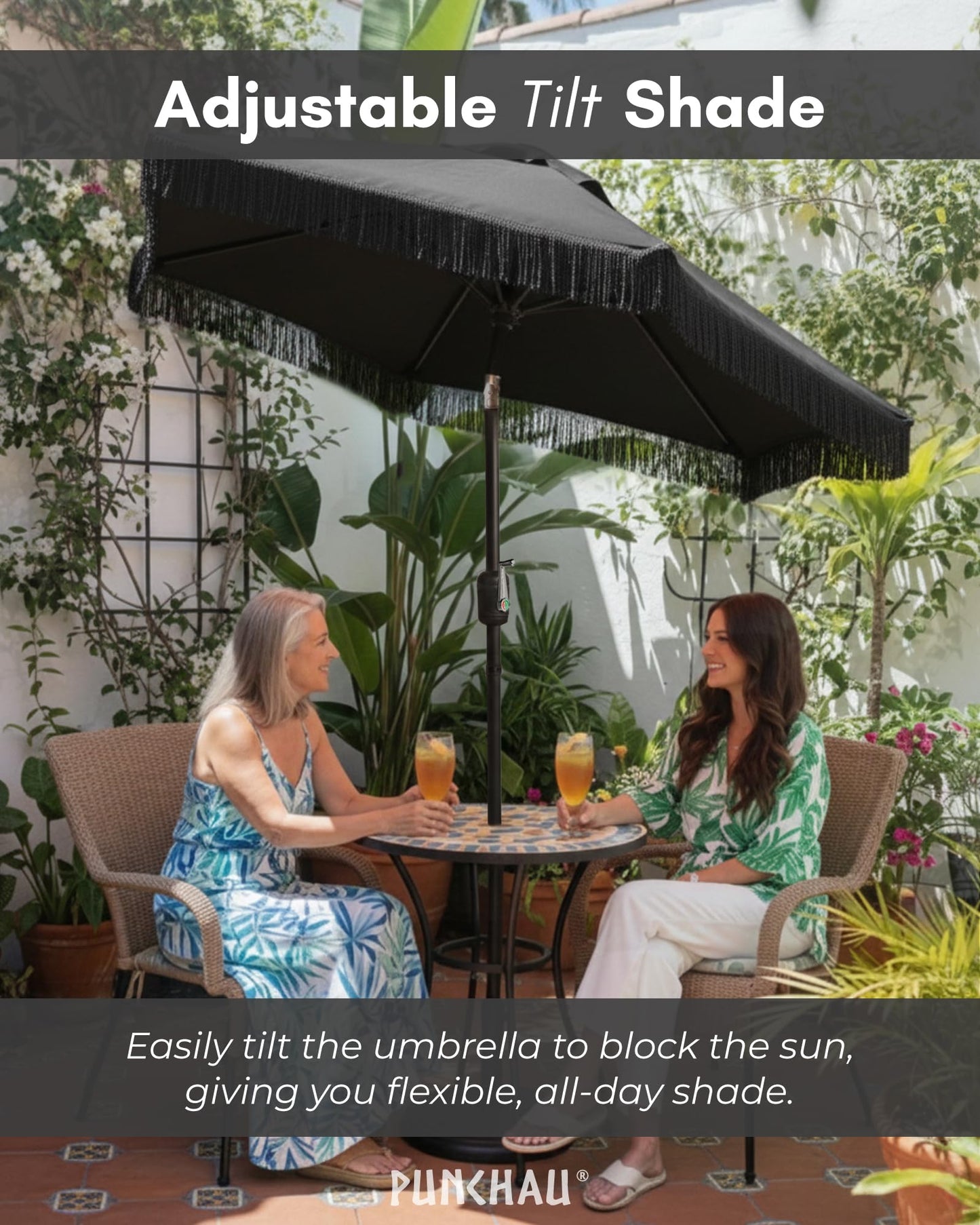 Punchau 6 Ft Black Fringe Patio Umbrella - Outdoor Umbrella for Patio, Pool, Table, Garden, & Deck, Push Button Tilt Pole - Fashionable Vintage Tassels - Black